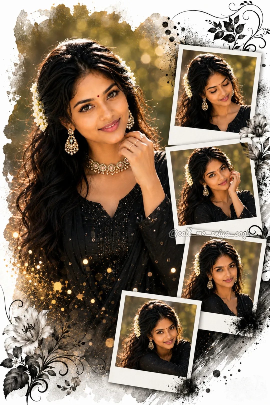 ππ¦π Beautiful young South Asian woman with long wavy black hair, soft natural makeup, gentle smile, black textured outfit,