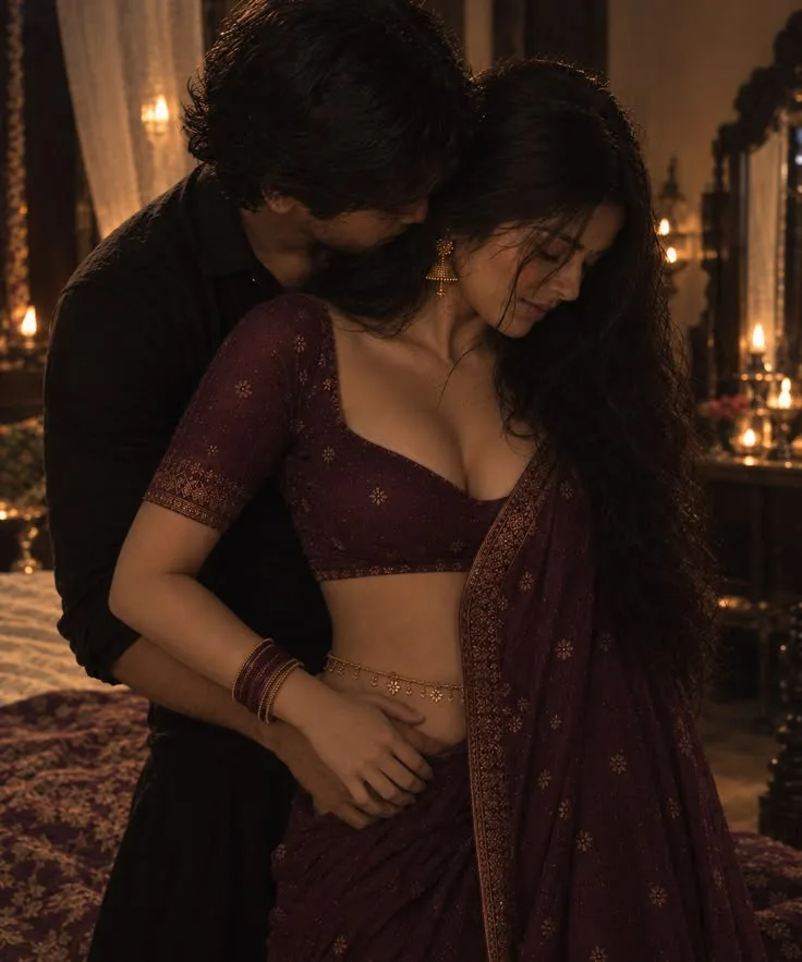 Romantic Indoor Portrait of Indian Couple in Traditional Maroon Attire