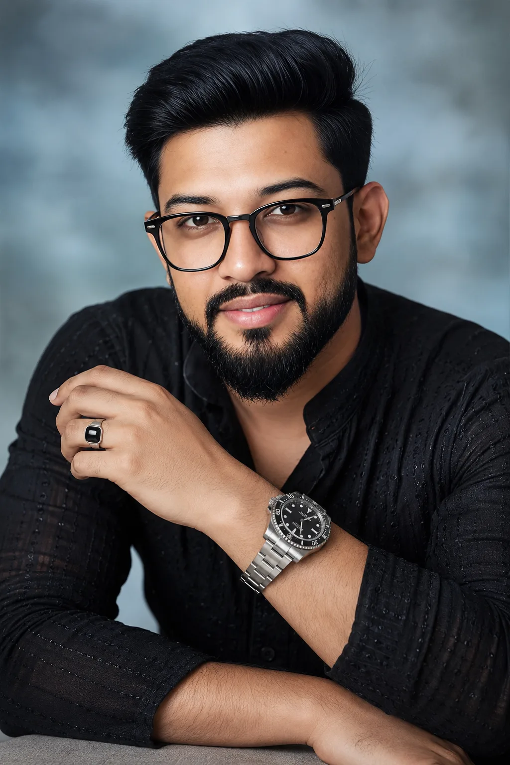 Create a 64k resolution cinematic ultra HD portrait of a young man from image_0.png, maintaining his charming smile and direct eye contact.