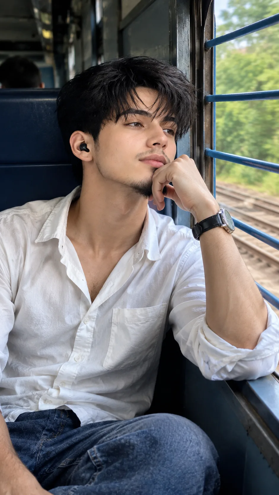 Create a highly photorealistic, cinematic portrait of a handsome young South Asian man (early 20s) sitting inside a moving train.