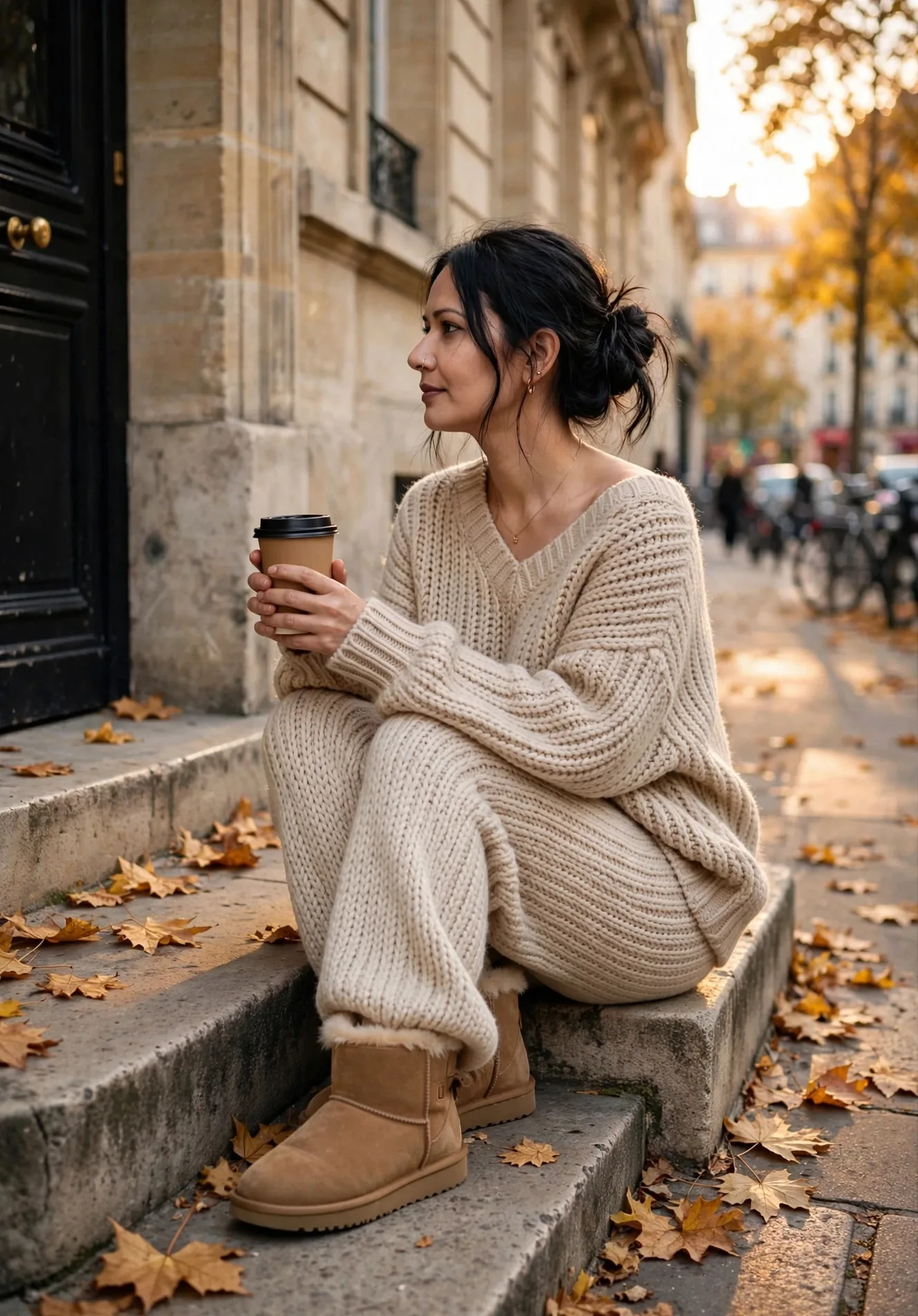 Create a photorealistic cozy autumn portrait exactly like reference: SUBJECT: Woman sitting on building steps holding takeaway coffee in