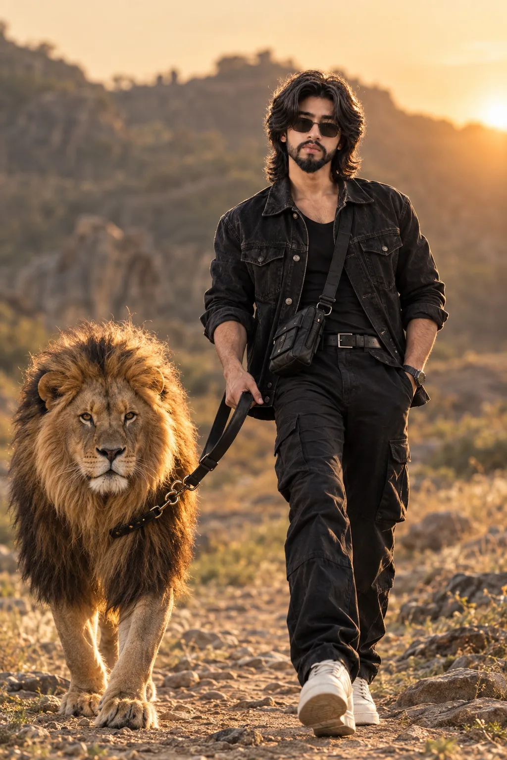 A low-angle full-body photograph captures a man walking on a rocky, mountainous trail with an adult male lion beside him during the golden