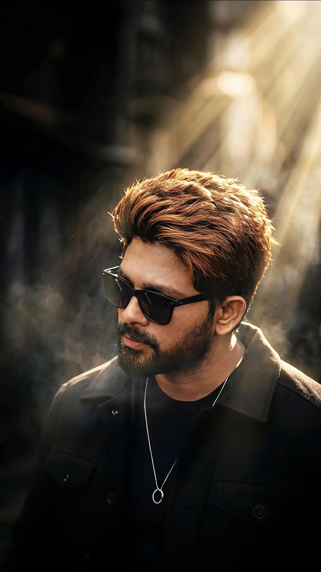 A cinematic, candid medium shot portrait of a stylish South Indian man resembling actor Allu Arjun.
