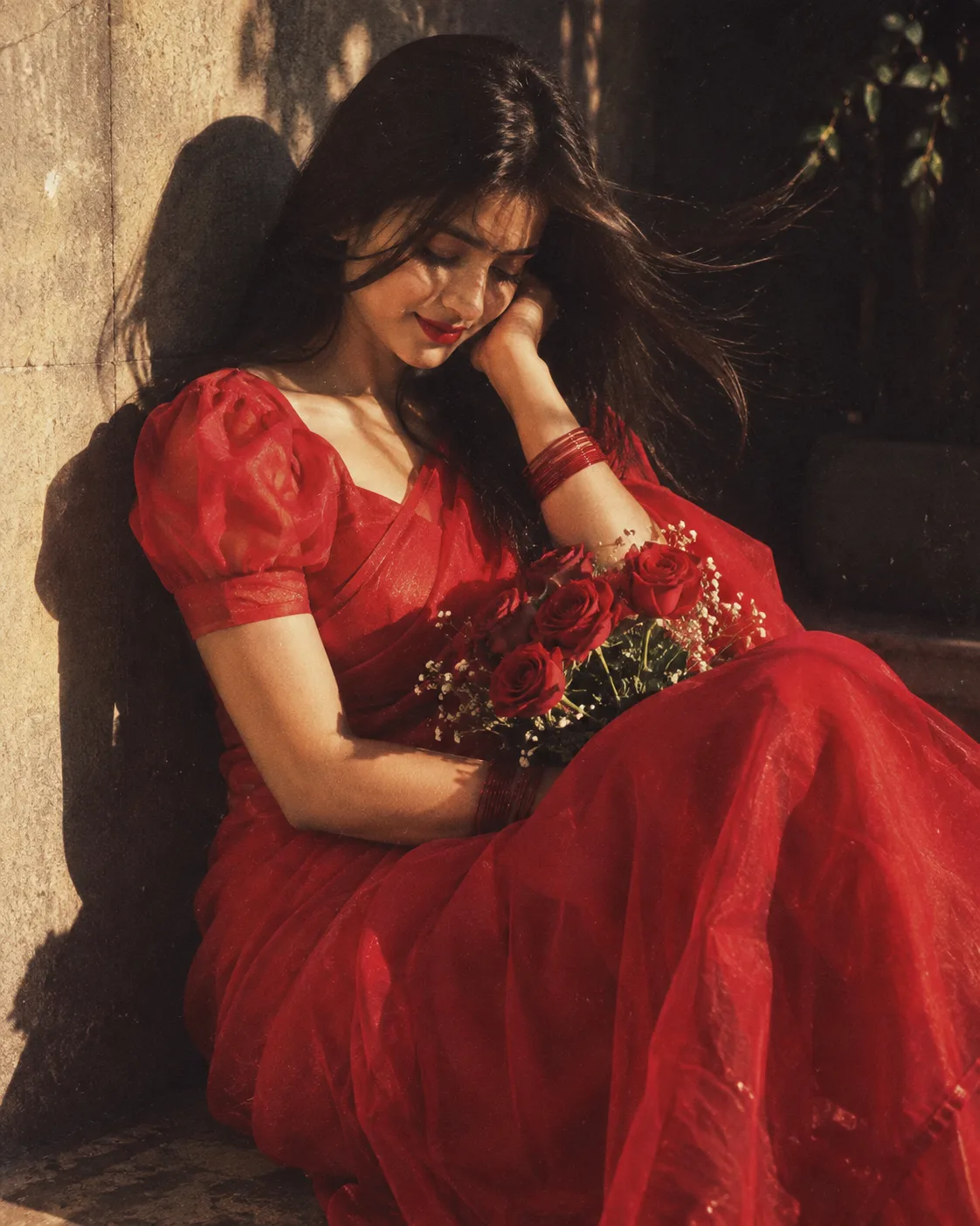 Create a retro vintage grainy bu bright image of the attached picture but draped in a perfect red colour.