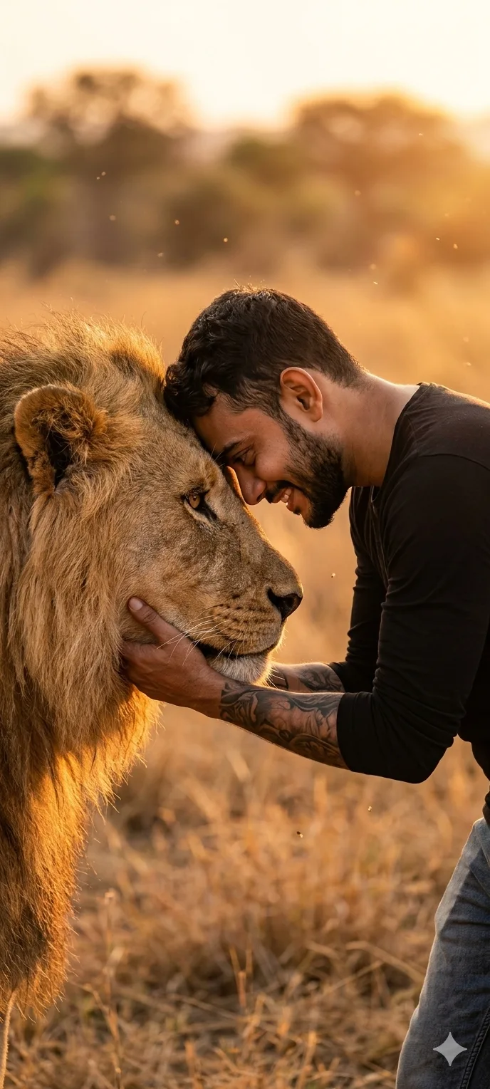 Create a realistic and emotional scene showing a man (use the provided image for accurate facial features) and a lion face to face in a