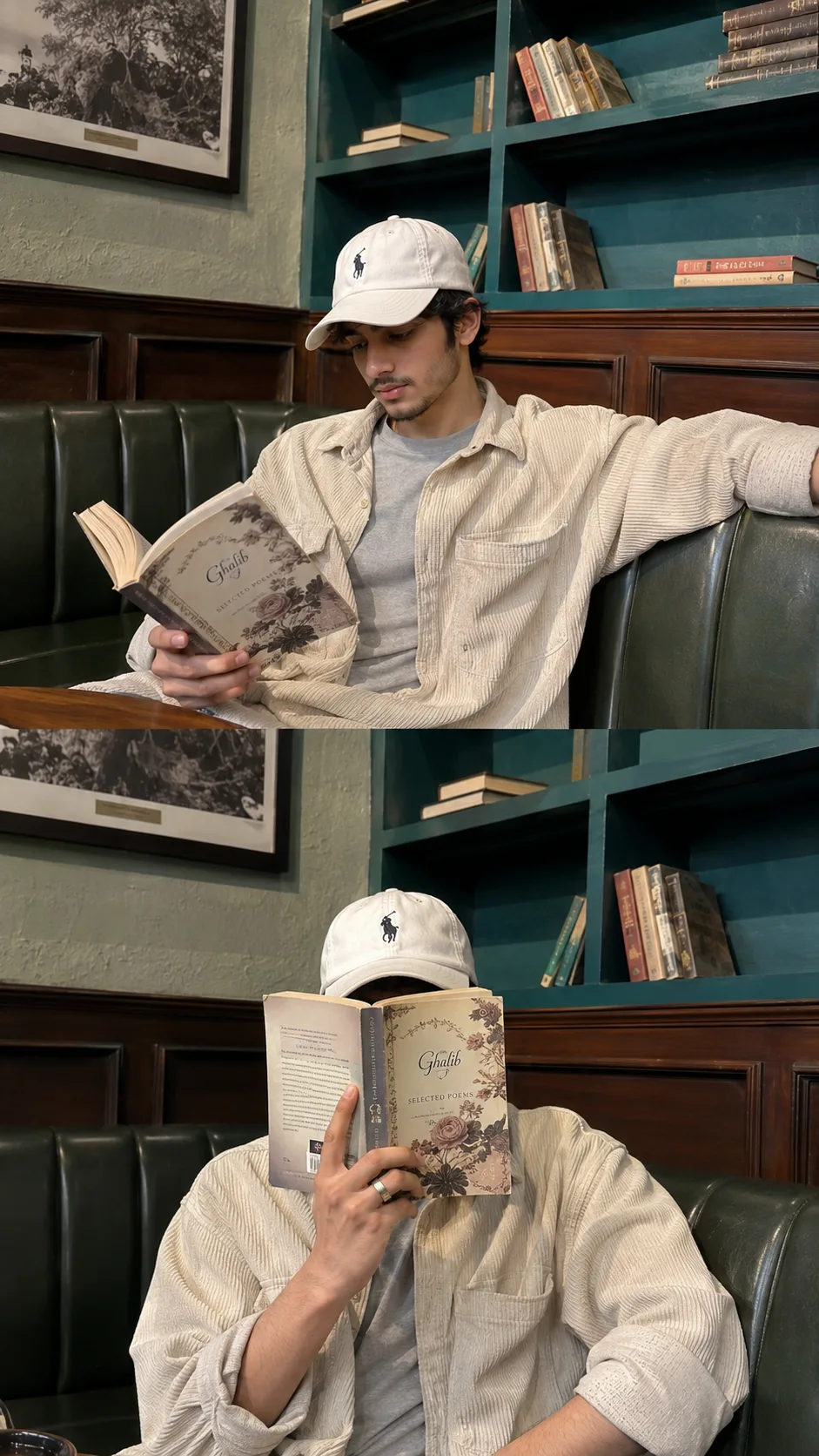 Ultra-realistic cinematic Instagram lifestyle collage of a young South Asian man relaxing inside a cozy aesthetic cafe/ library corner with