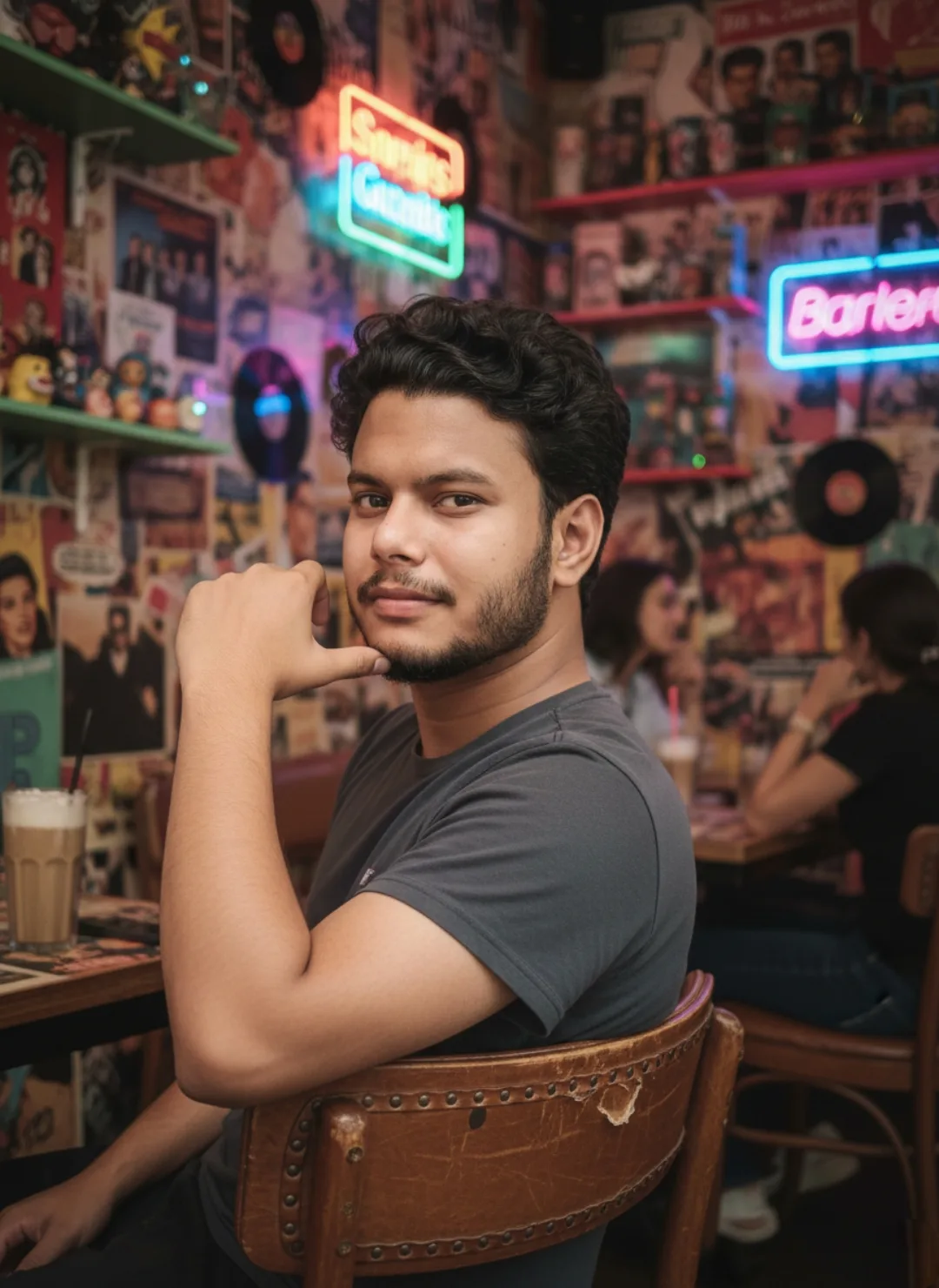 A young South Asian man with short curly black hair and a neatly trimmed beard, wearing a dark grey short-sleeve t-shirt, sits turned