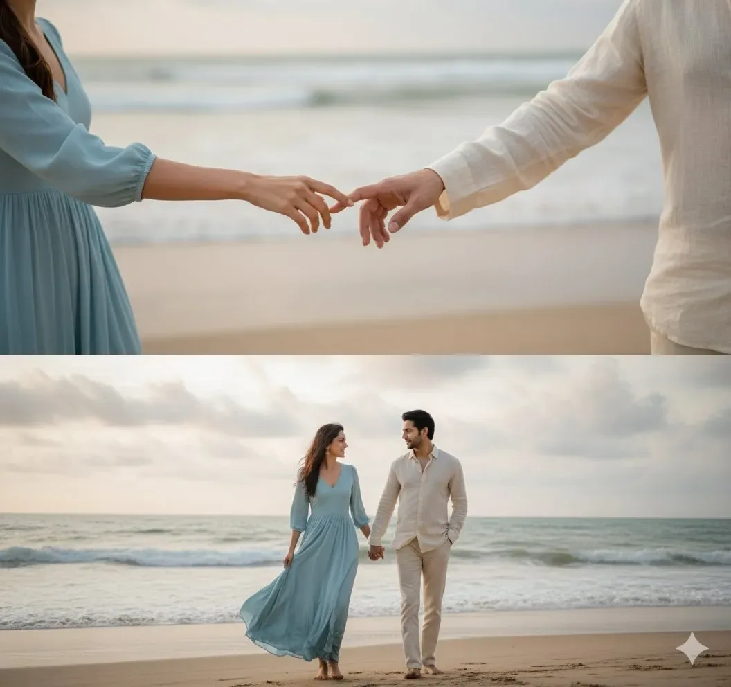 Convert into A soft, romantic wedding portrait showcasing a young couple on a tranquil beach.