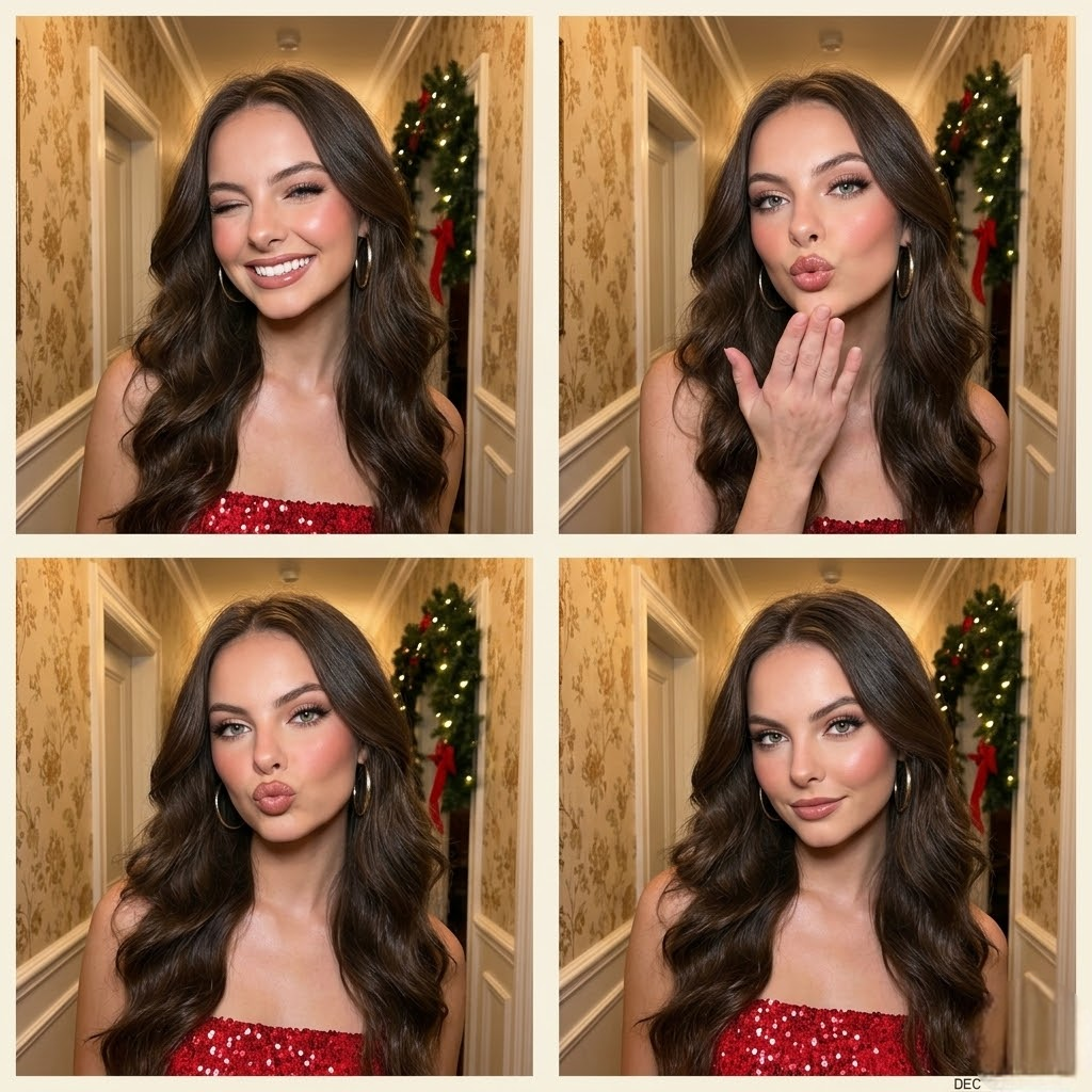 { "image_description": { "format": "2x2 grid collage", "subject": { "gender": "Female", "hair": { "color": "Dark brown", "style": "Long,