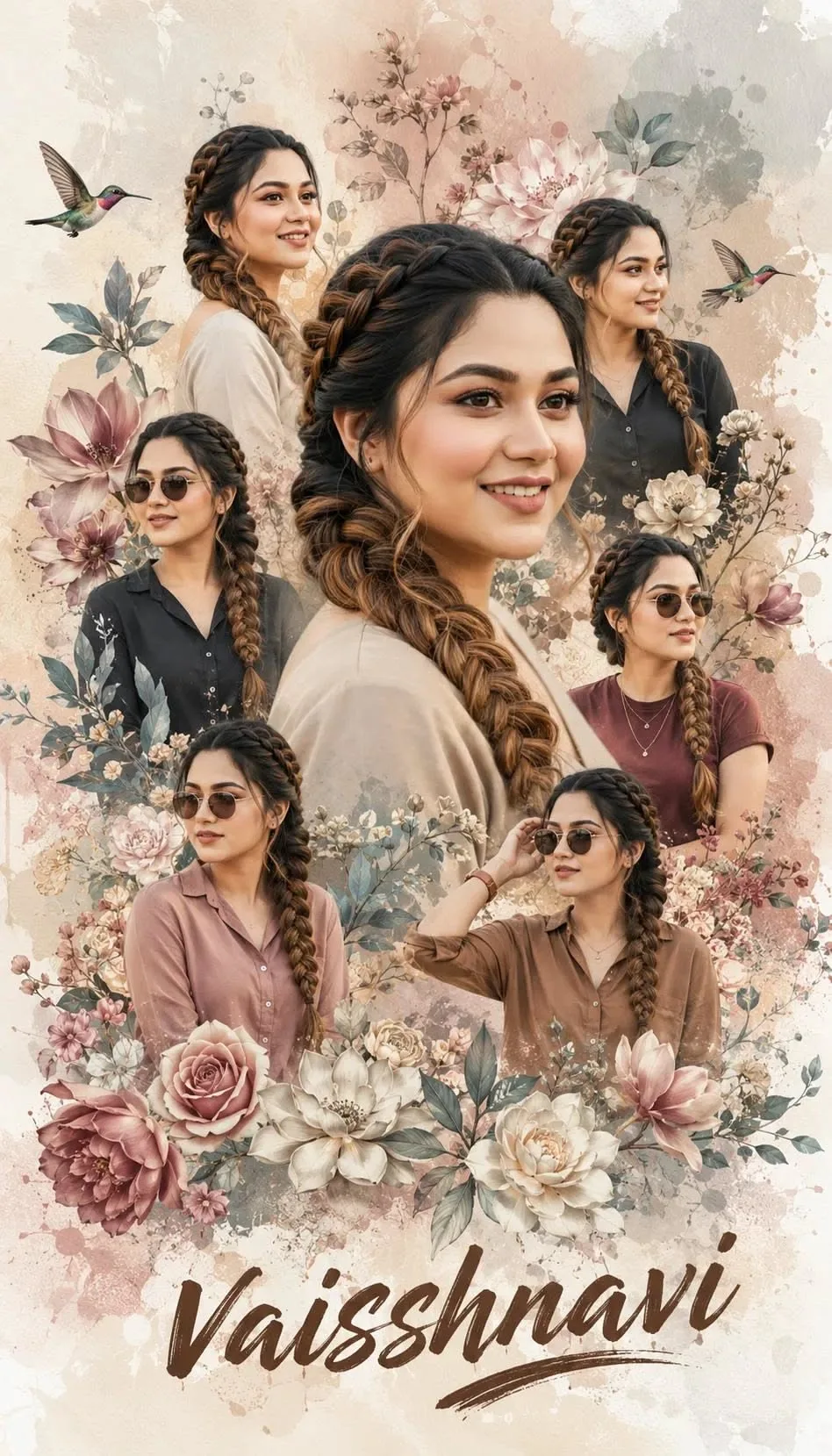 A beautiful aesthetic photo collage poster featuring multiple images of a smiling young Indian woman with her hair styled in a long, thick
