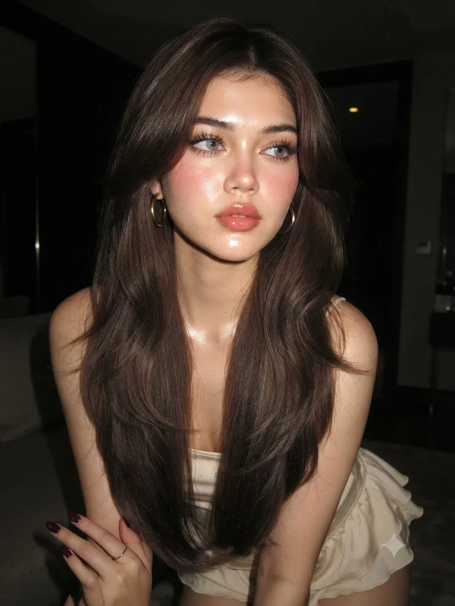 Ultra-realistic close-up beauty portrait of a stunning young woman, captured with an iPhone / digital camera aesthetic using direct