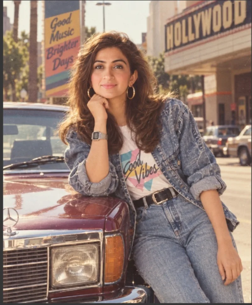 A 1980s retro street style photograph of a young woman leaning casually against a classic vintage car on a sunny Hollywood street.