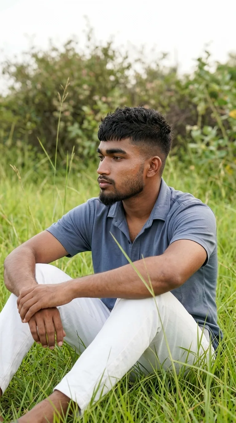 Detailed AI Image Prompt: A vertical 9:16 aesthetic outdoor portrait of a young man sitting relaxed in the middle of a tall, lush green