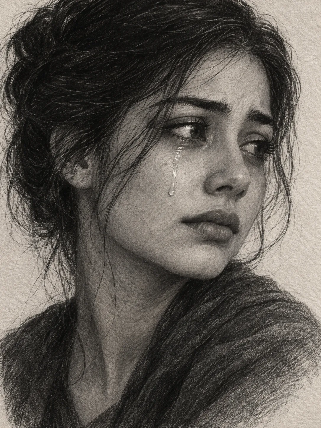 A highly detailed photorealistic graphite pencil drawing on textured, off-white paper, capturing a close-up portrait of a young woman in
