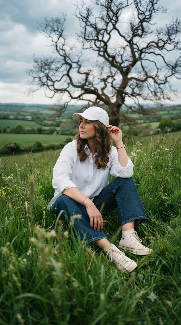 Photorealistic Nature Fashion Portrait Prompt A photorealistic cinematic vertical portrait of a stylish young woman sitting casually in the
