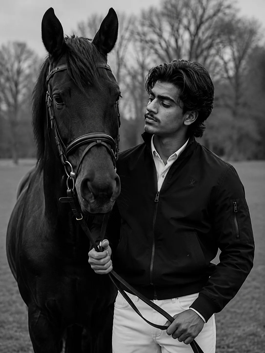 Create an ultra-realistic black-and-white cinematic editorial photograph closely matching the provided reference image.