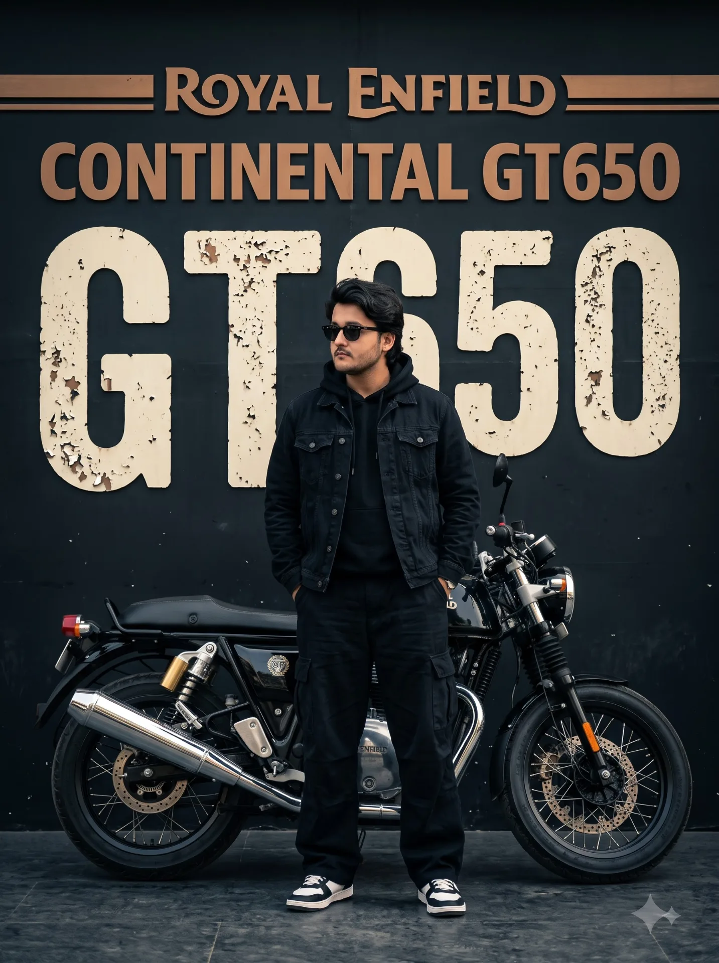 A high-quality commercial automotive and fashion photography shot of a young, stylish South Asian man posing next to a parked Royal Enfield