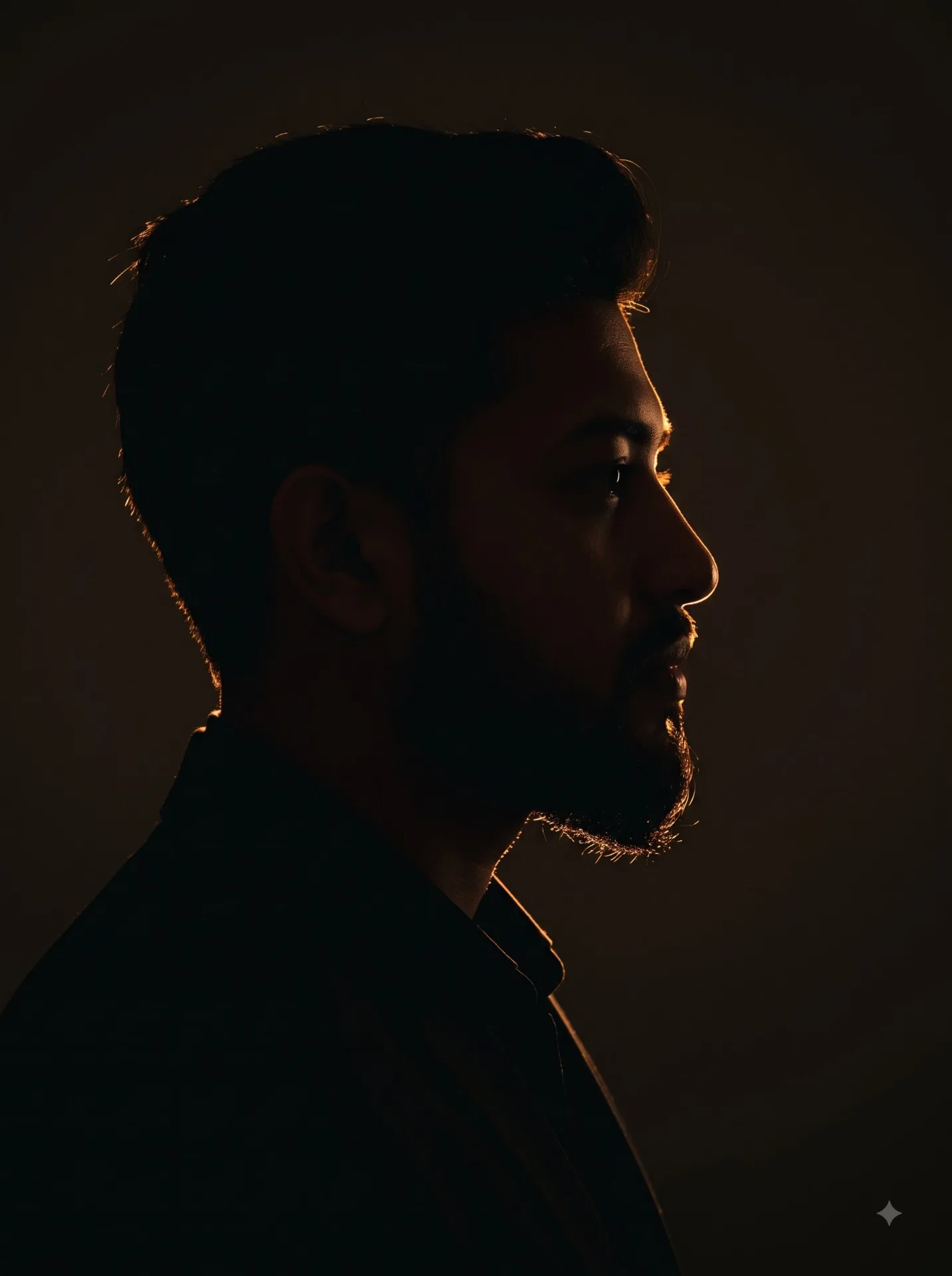 9:16 vertical, high-contrast silhouette photography Masculine man in profile, strong warm amber edge lighting tracing face, ear, shoulder,