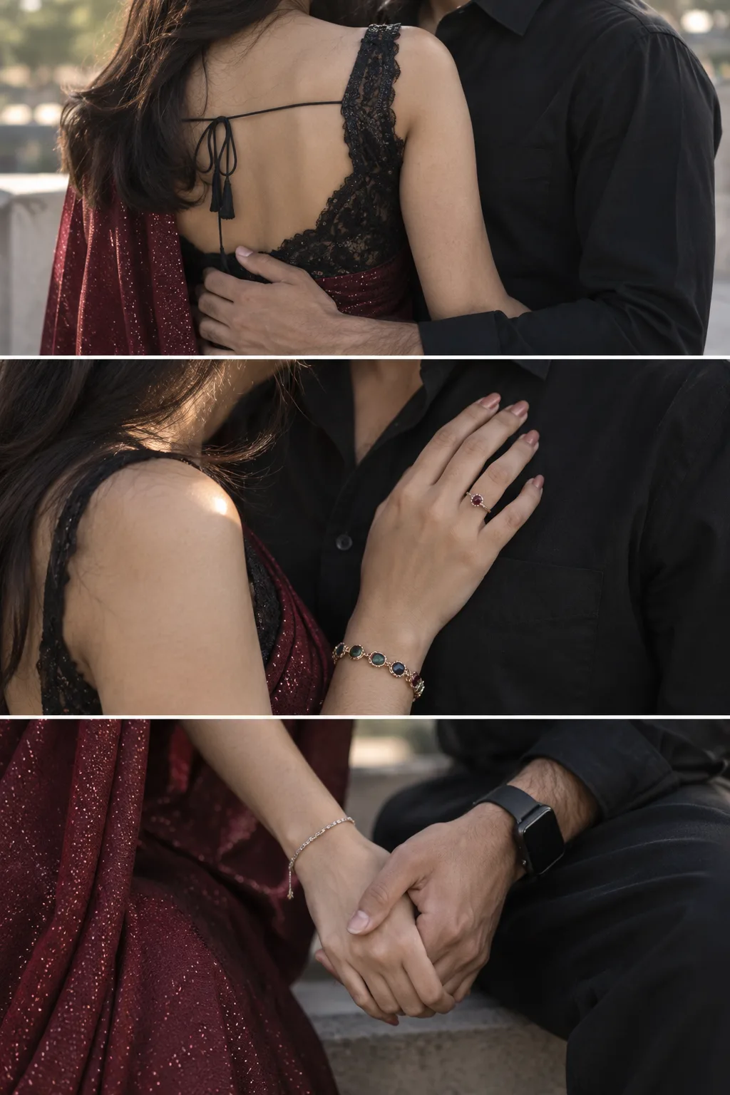 CLEAN: THREE-PANEL DETAIL COLLAGE: (1) CLOSE-UP OF WOMAN'S OPEN SAREE BLOUSE BACK WITH TIE-STRING KNOT, MAN'S ARM AROUND HER IN A BLACK