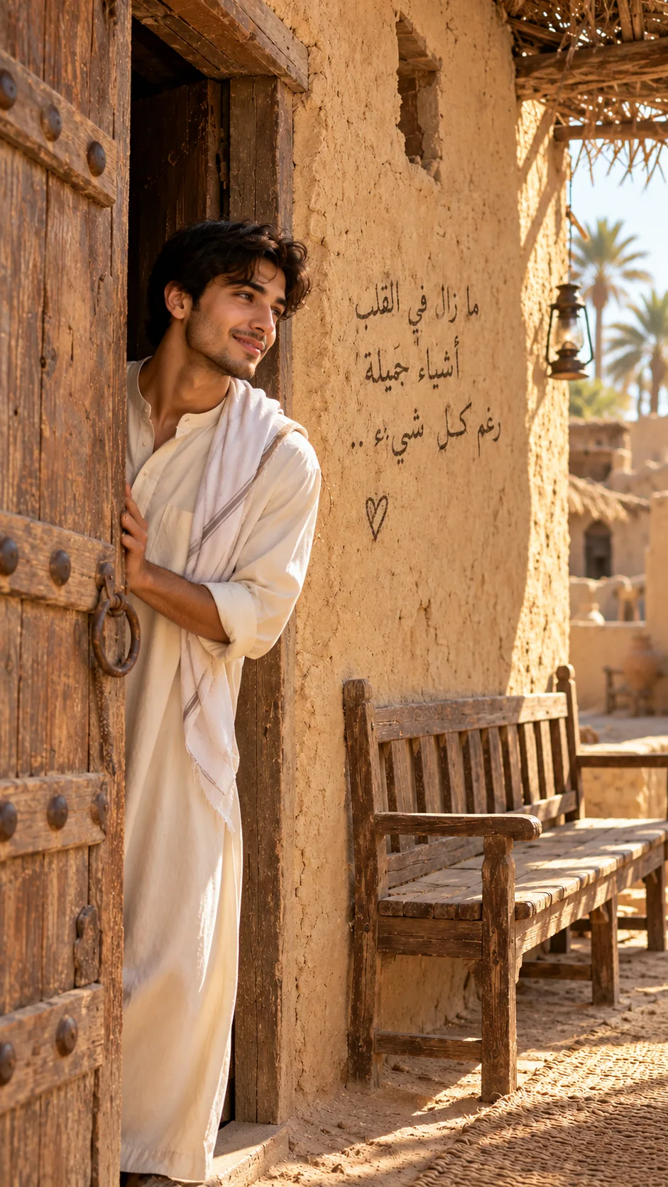A warm image of the uploaded photo smiling, emerging halfway from the door of an old mud house If the uploaded photo is of a veiled girl: