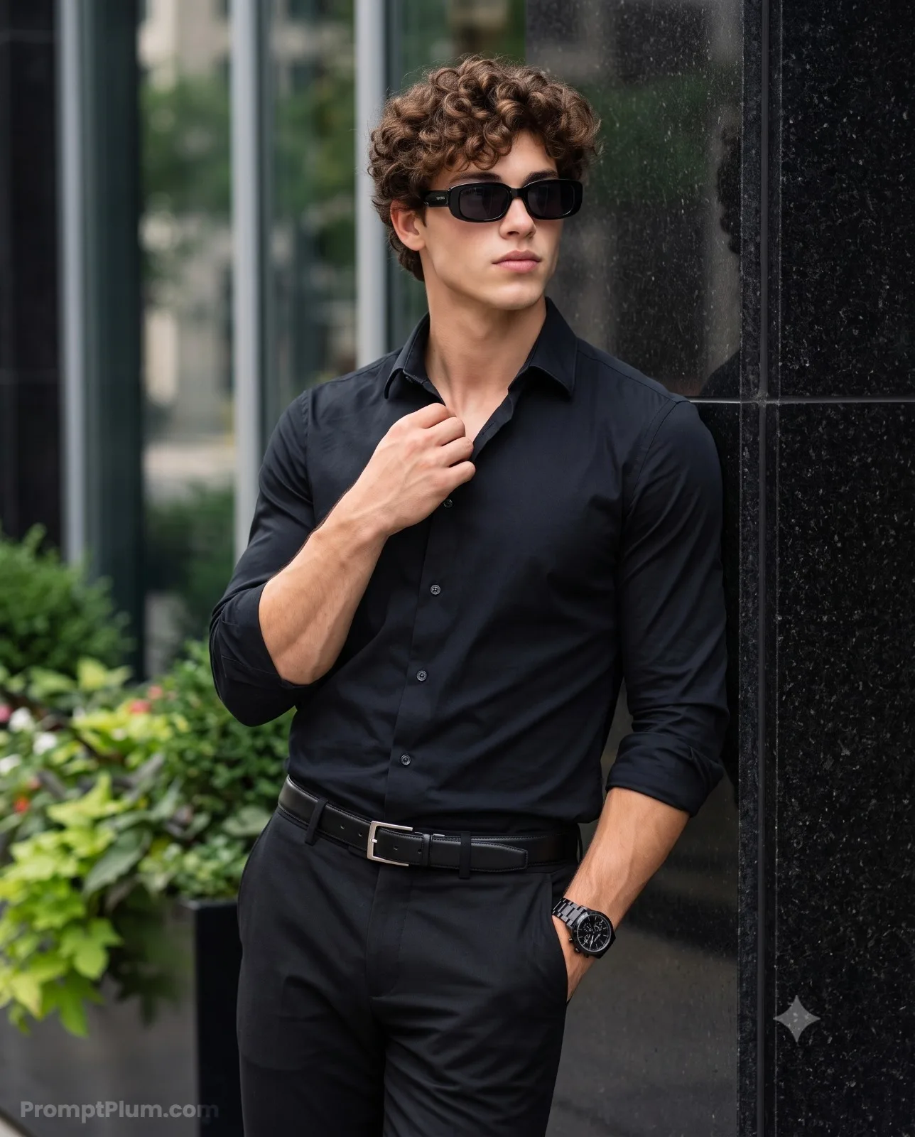 Photorealistic cinematic fashion portrait of a stylish man(face match) with wearing black rectangular sunglasses, a fitted black