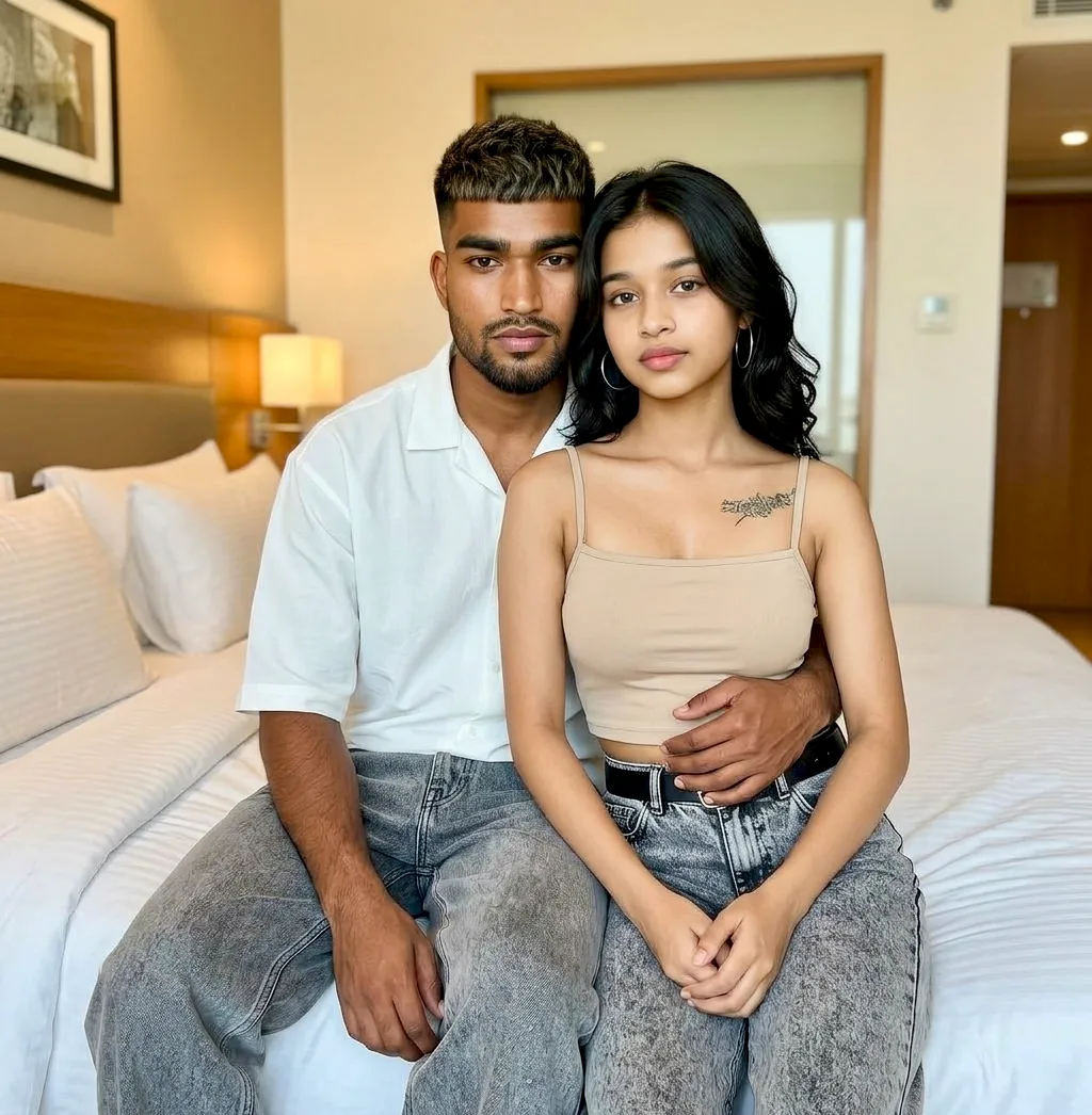 A photorealistic square 1:1 aspect ratio portrait capturing the young South Asian couple from the reference images seated together on the