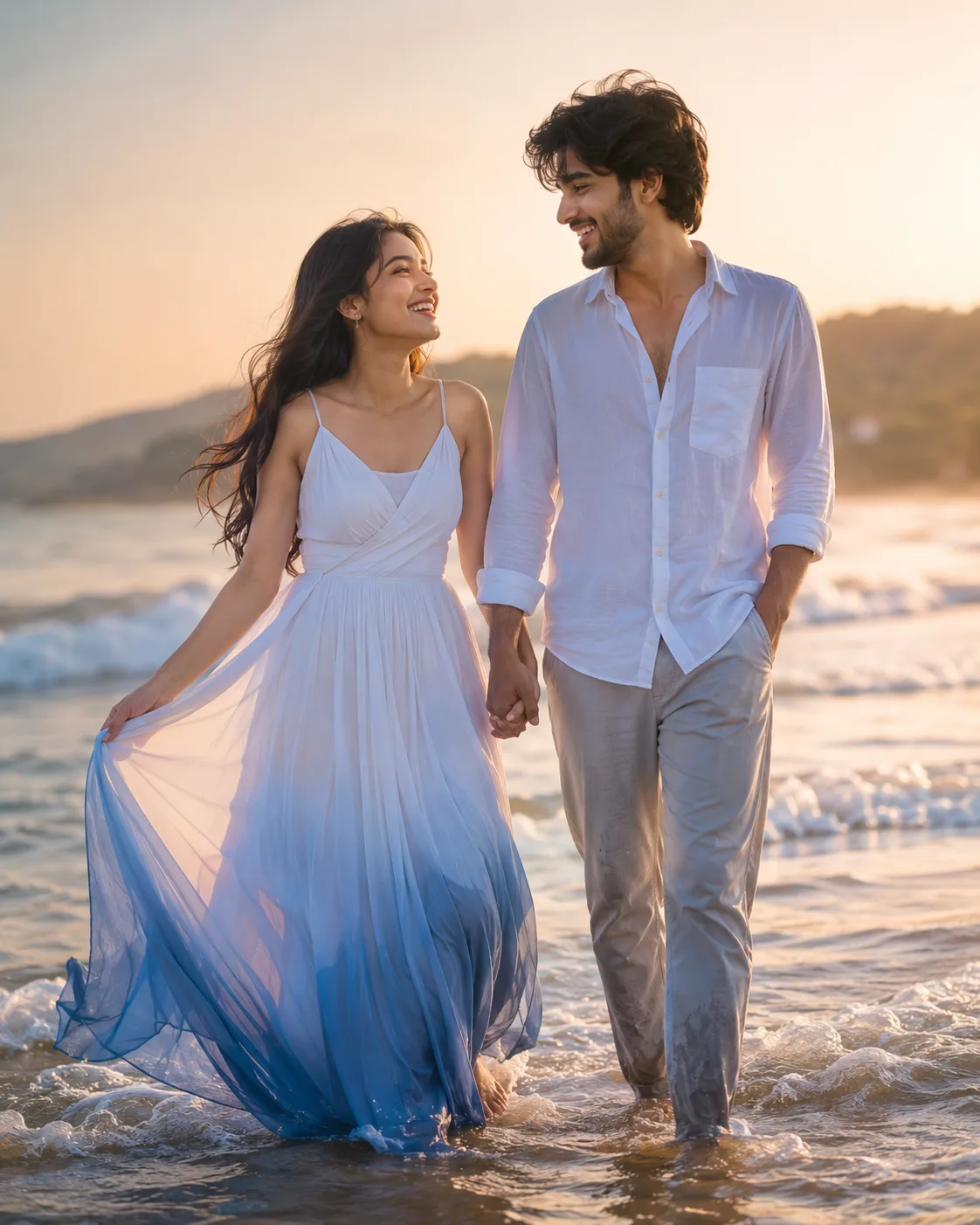 A romantic, cinematic shot of a young couple walking hand-in-hand through shallow ocean waves at golden hour.
