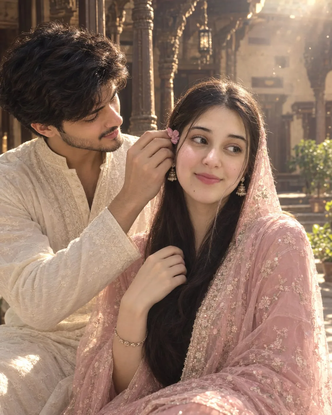 Ultra-realistic cinematic portrait of a young South Asian couple sharing a tender romantic moment inside a traditional heritage home.