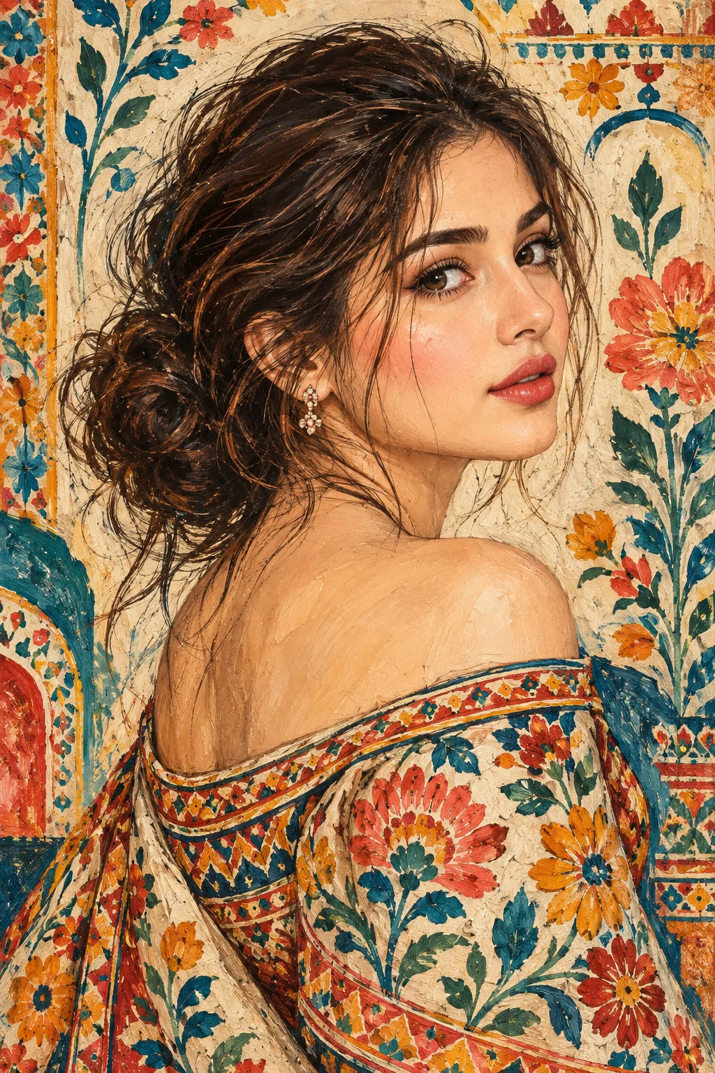 Create a beautiful hand-painted editorial portrait of an adult woman, inspired by the provided image.