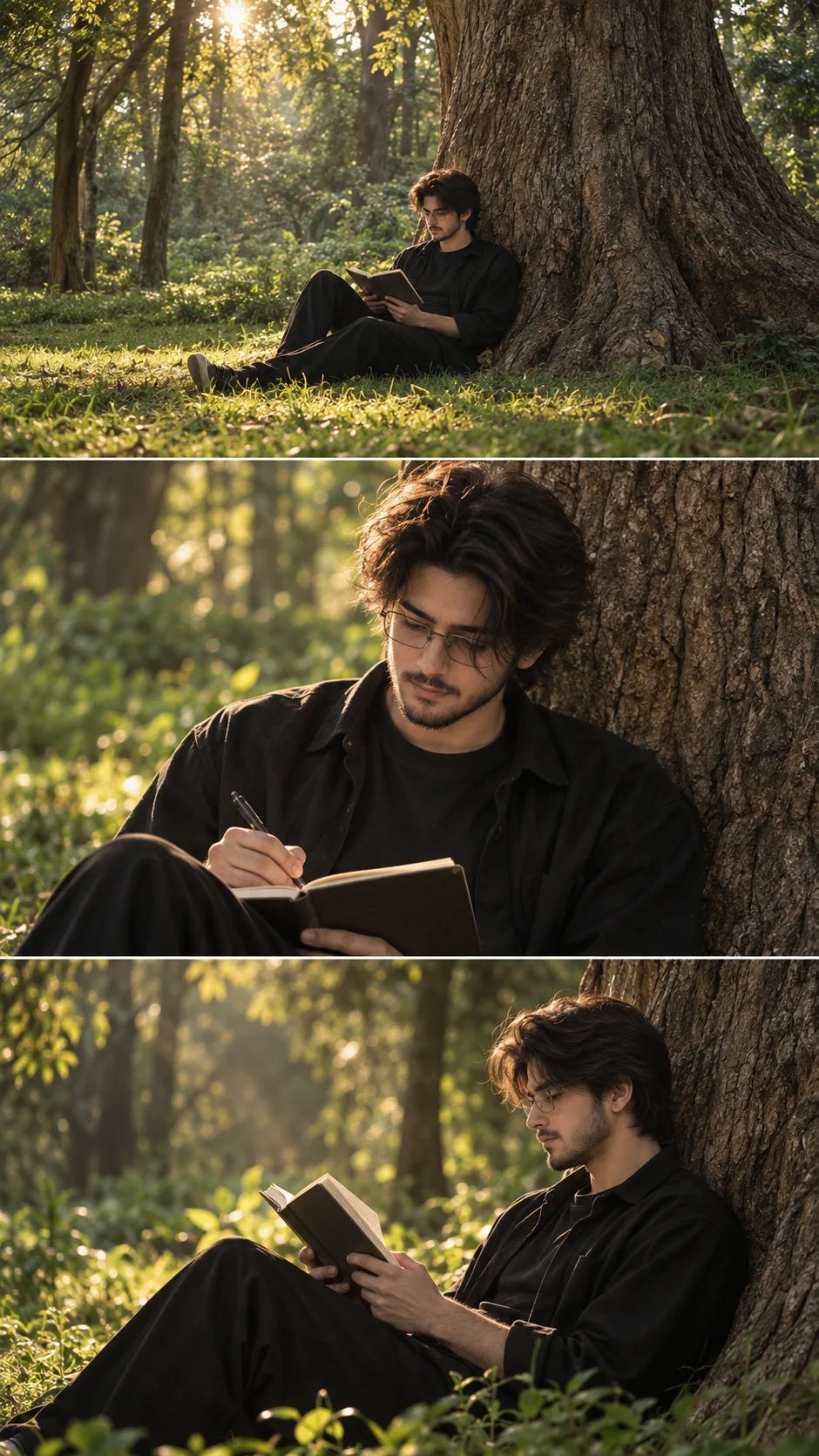**A highly cinematic, ultra-realistic vertical three-panel photography collage featuring the same young adult man peacefully reading and