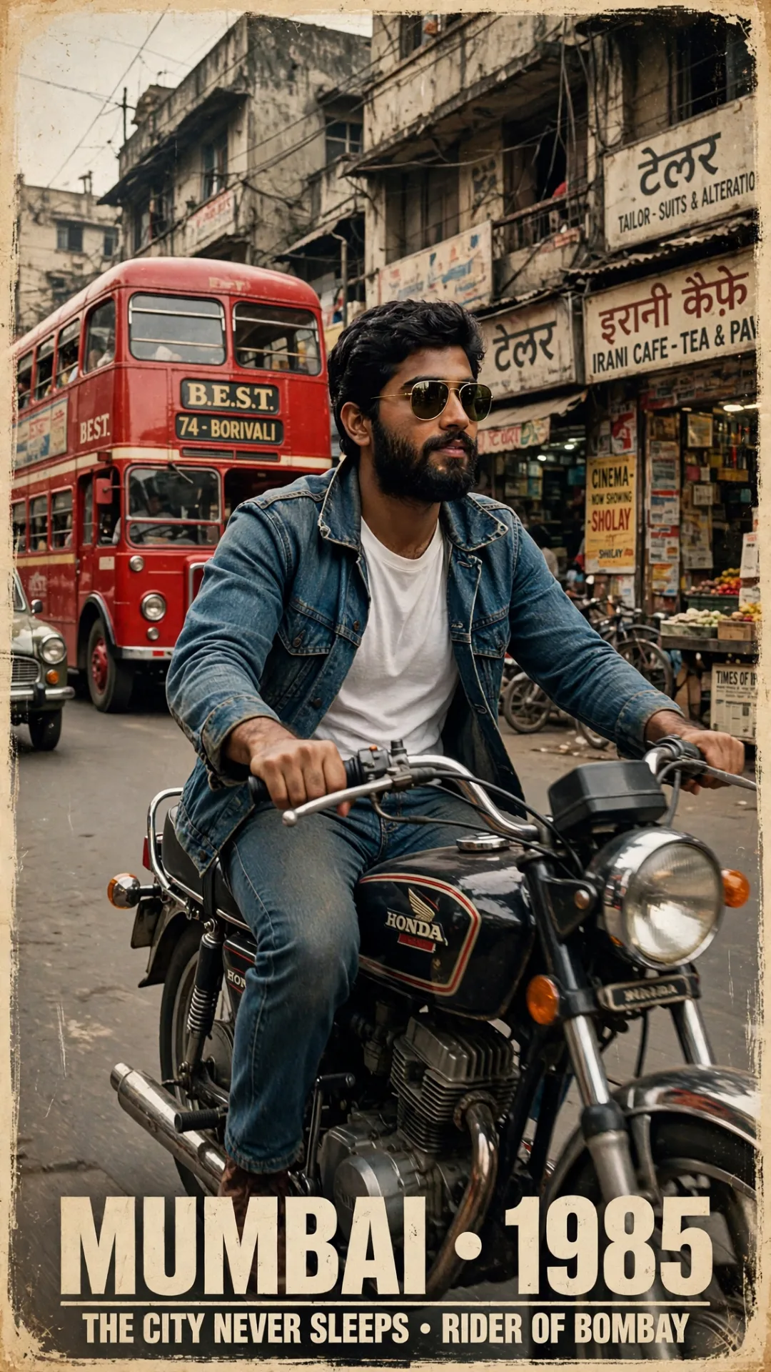 Retro 1980s portrait of a bearded man wearing aviator sunglasses, white t-shirt and denim jacket, riding vintage Honda bike, old Indian