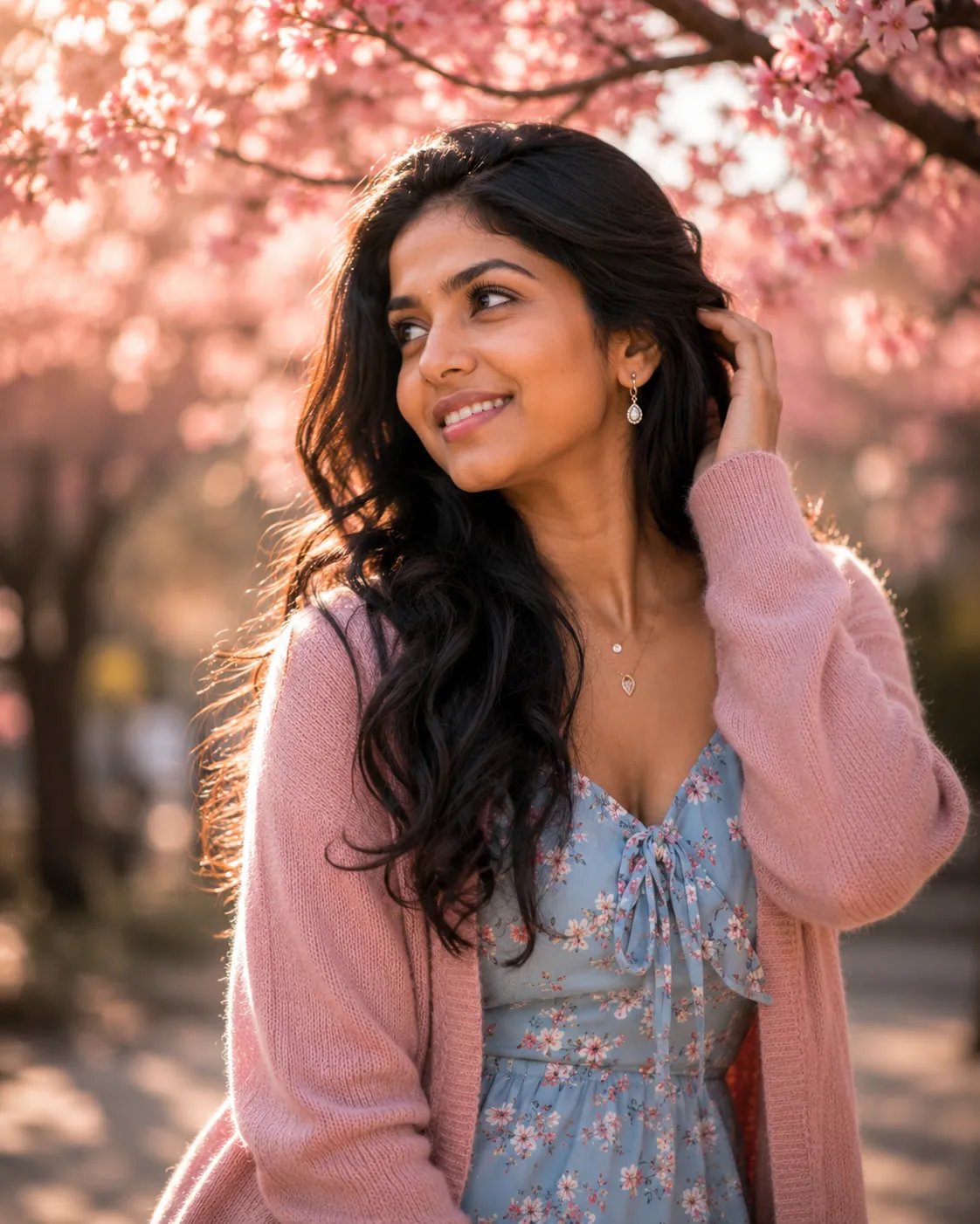 ππ«°π©·π· A stunning young Indian woman looking up and to the side with a gentle, dreamy smile.