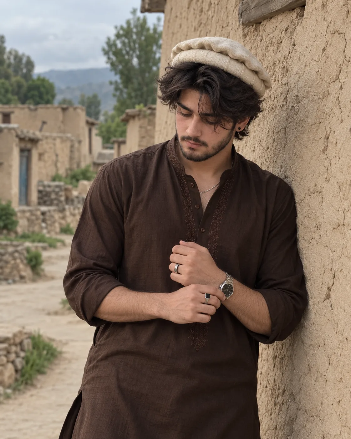 **Ultra-realistic cinematic lifestyle portrait of a handsome young adult South Asian man standing casually beside an old rustic