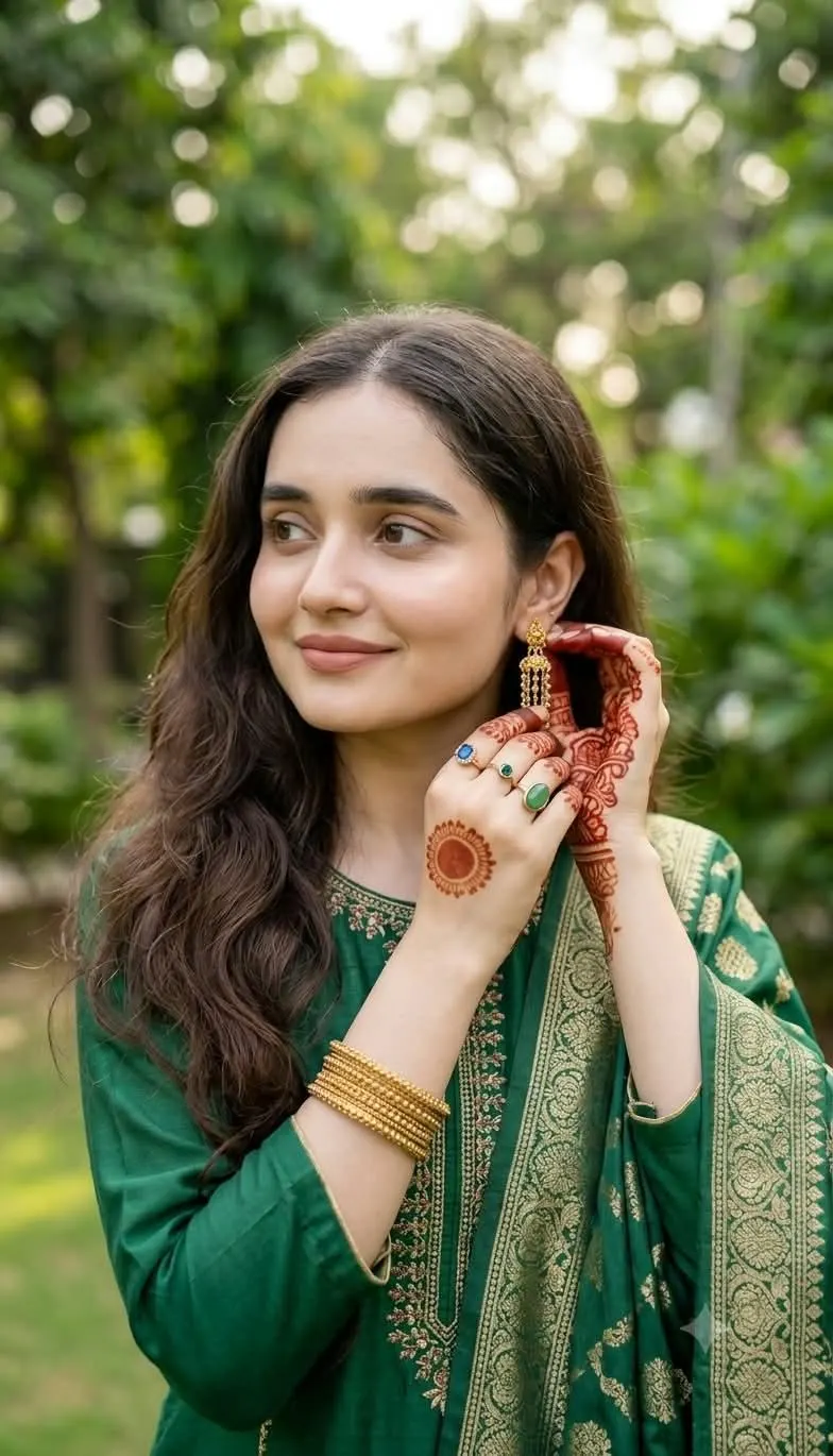 Create an image portrait captures a young woman outdoors in soft, natural daylight, looking off to her left with a gentle smile.