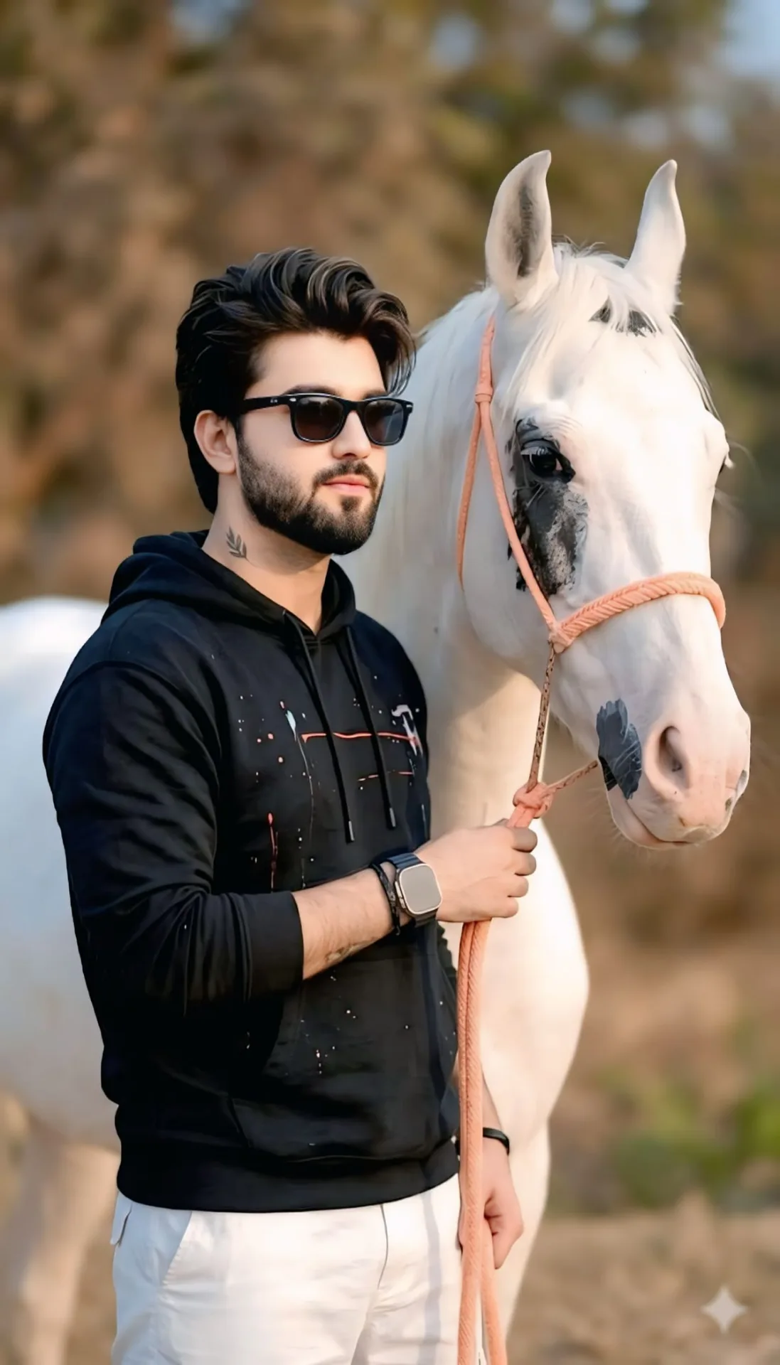 A professional side-profile portrait of a handsome Pakistani man with styled voluminous black hair, a groomed beard, and black sunglasses,