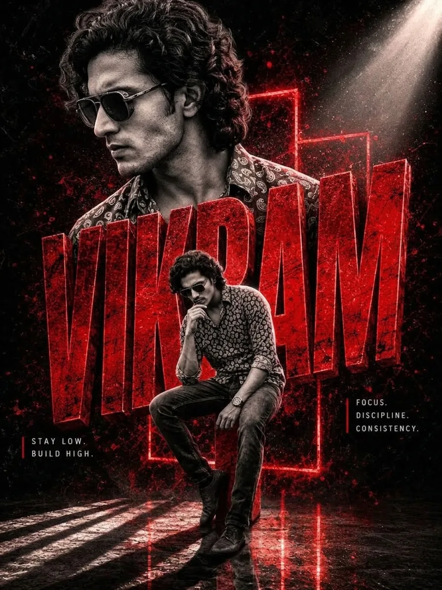 A dramatic cinematic poster featuring a stylish young man with wavy dark hair, wearing sunglasses and a patterned shirt.