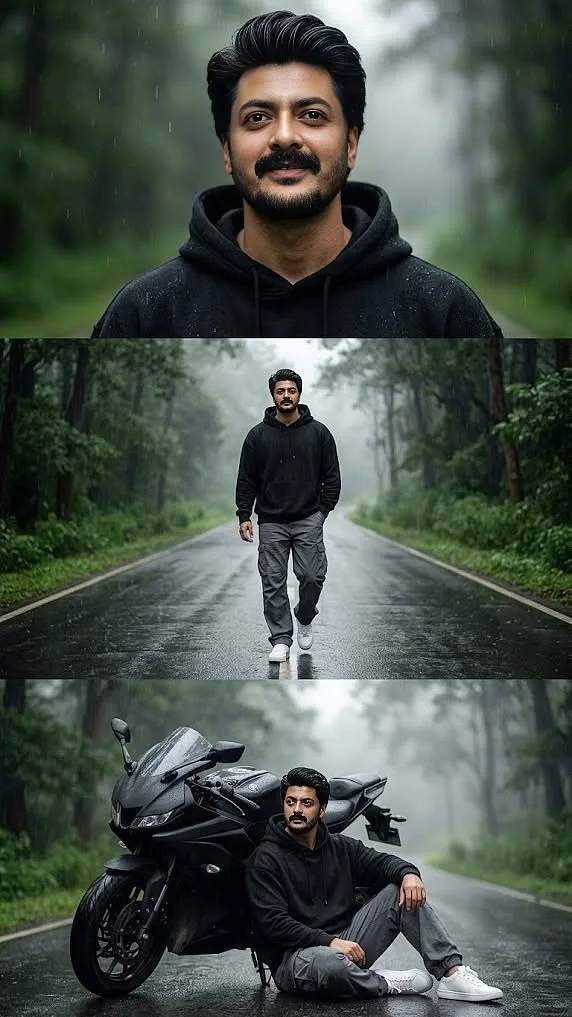 A multi-panel cinematic photography grid showing three scenes of a handsome Indian man with a mustache and beard.