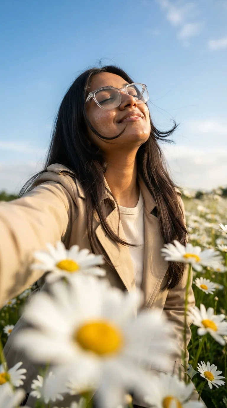 Ultra-realistic RAW iPhone-style low-angle selfie photograph of the same young South Asian woman, captured from a dramatic ground-level