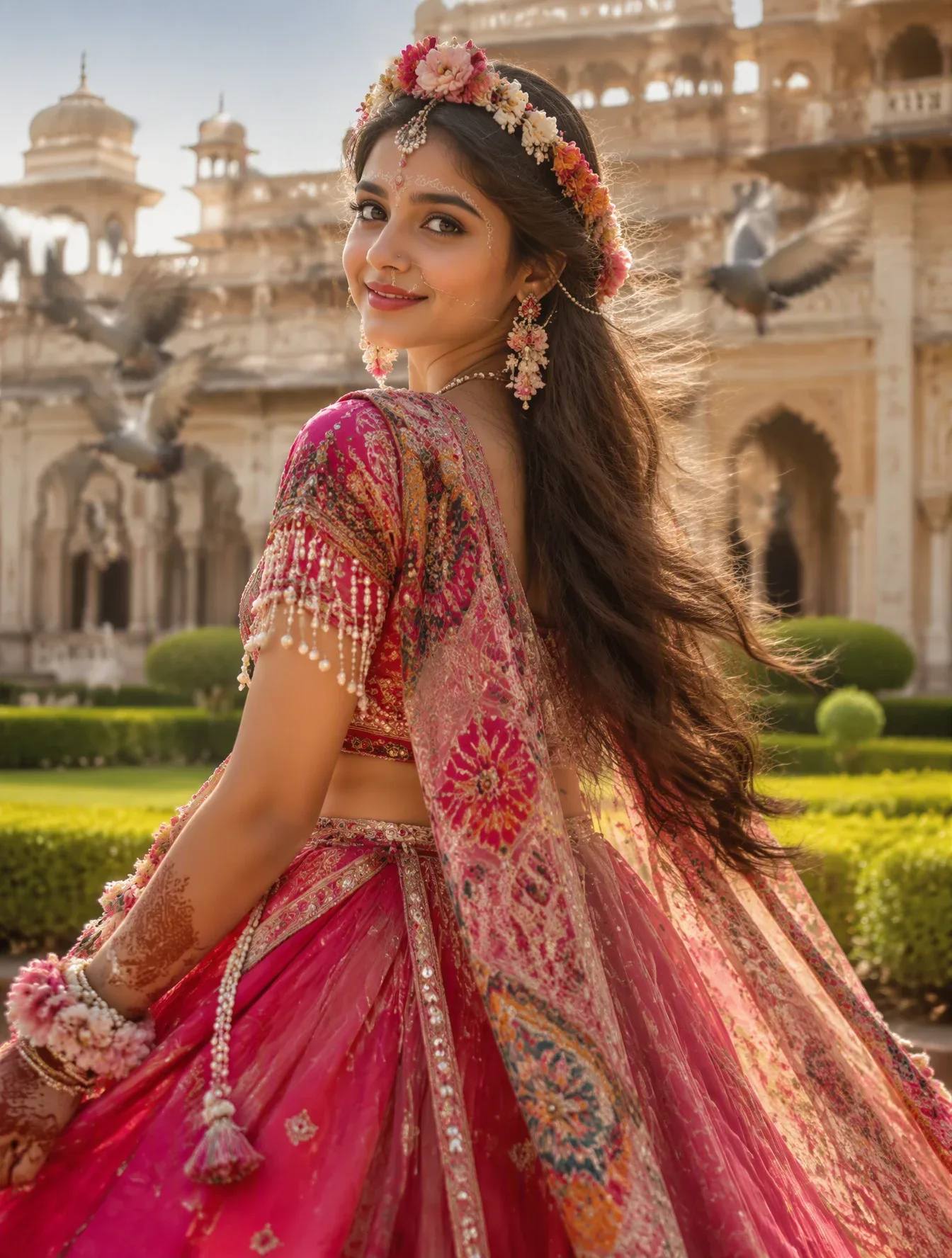 "Create a ultra realistic portrait of beautiful indian girl in reference image, Close-up mesmerizing shot of a Radha Rani adorned in
