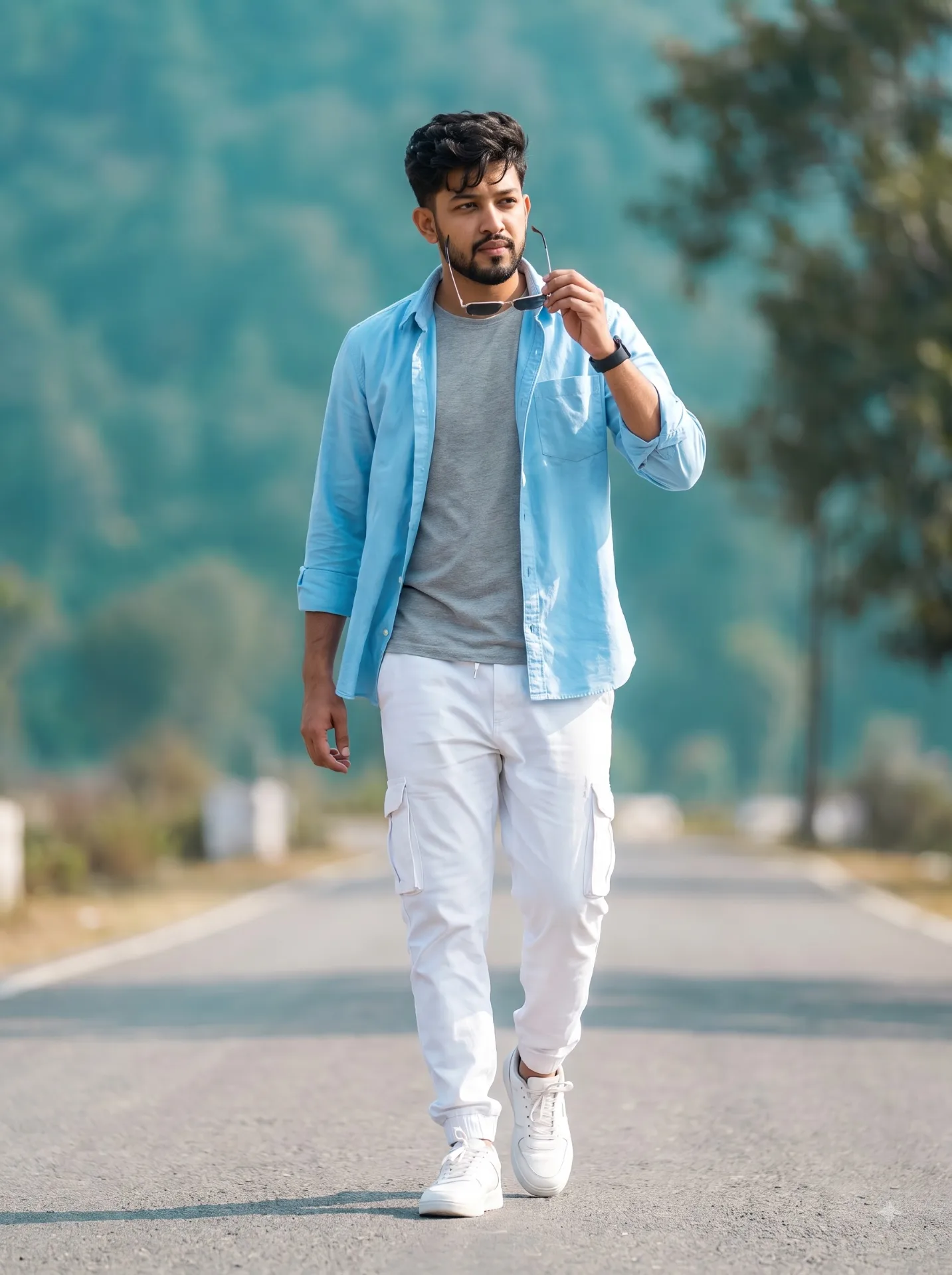 Create image of A stylish man walking confidently on an open road.