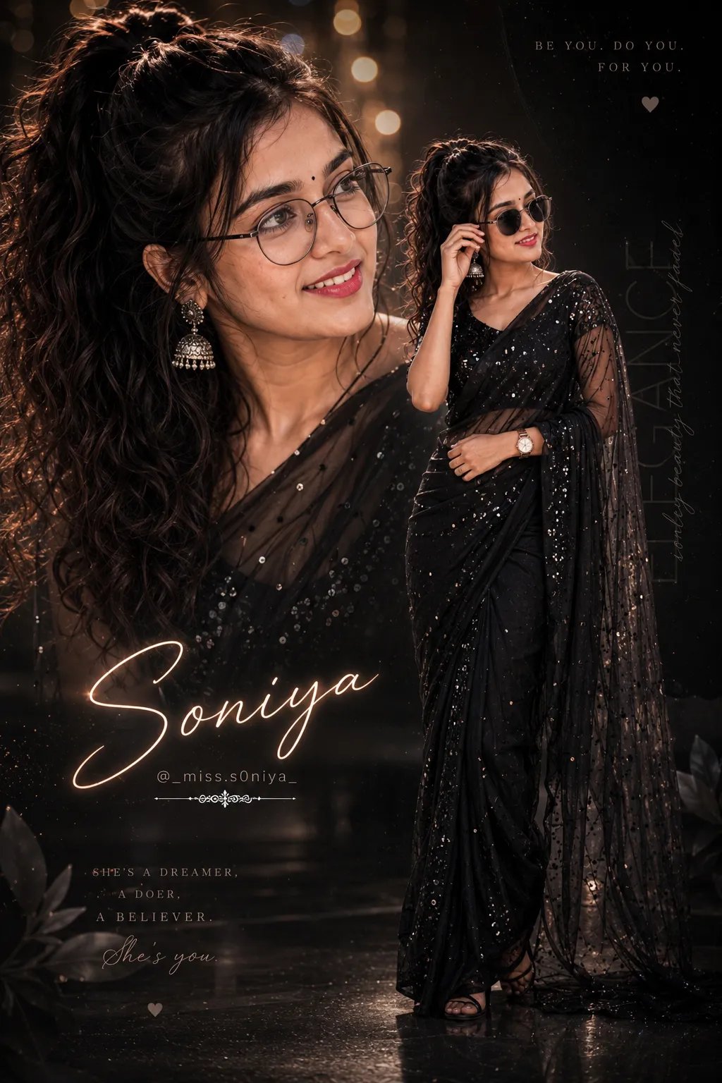 BLACK SAREE ELEGANCE💞A stunning young Indian woman with fair glowing skin, long wavy dark hair, soft makeup, pink lips, and a small black