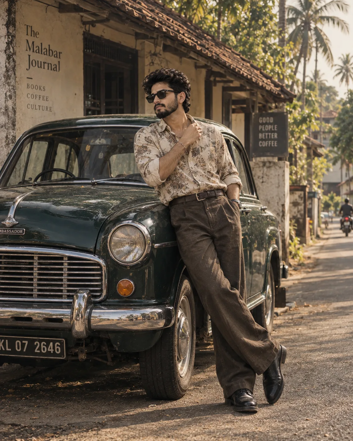 A cinematic, vintage-inspired, photorealistic outdoor portrait of a stylish young man with curly hair, short beard and mustache, wearing