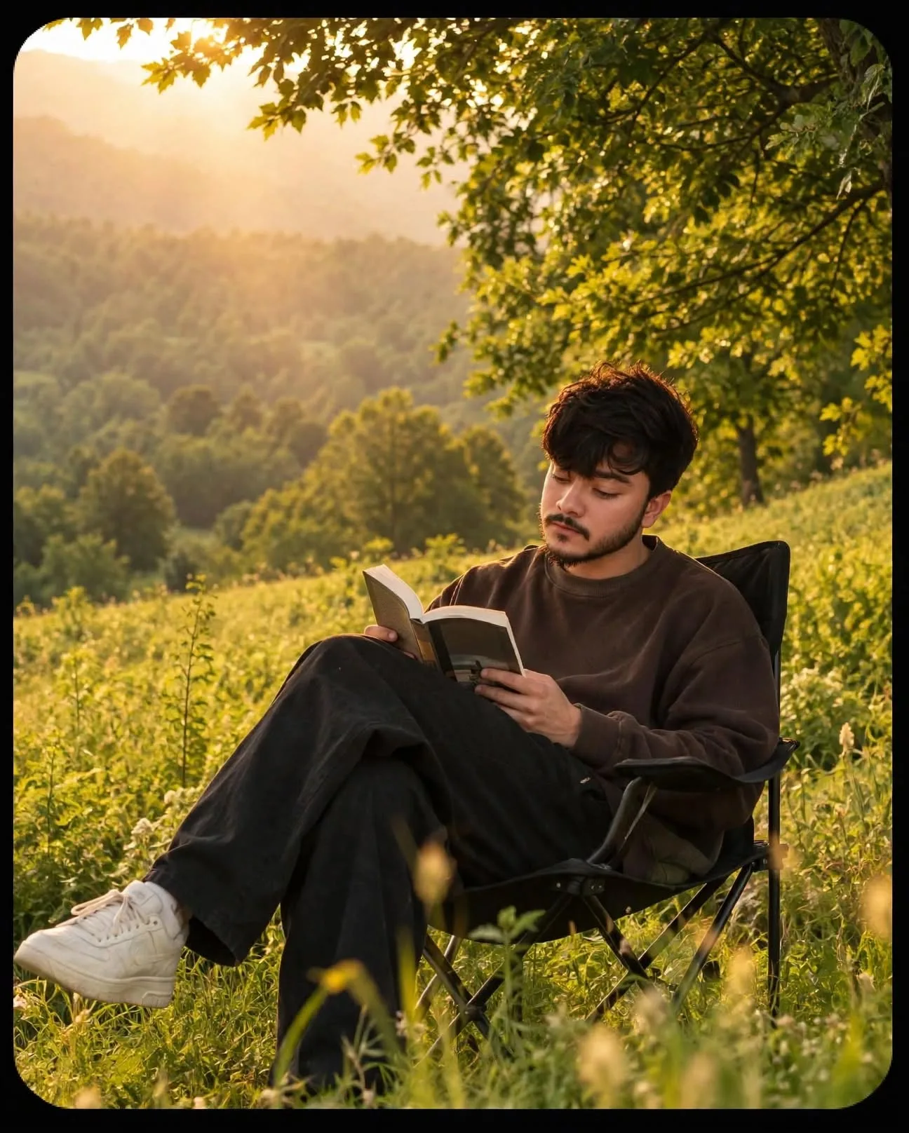Cinematic portrait of a young man with dark wavy hair and light beard, wearing a brown oversized sweatshirt, black loose pants and white