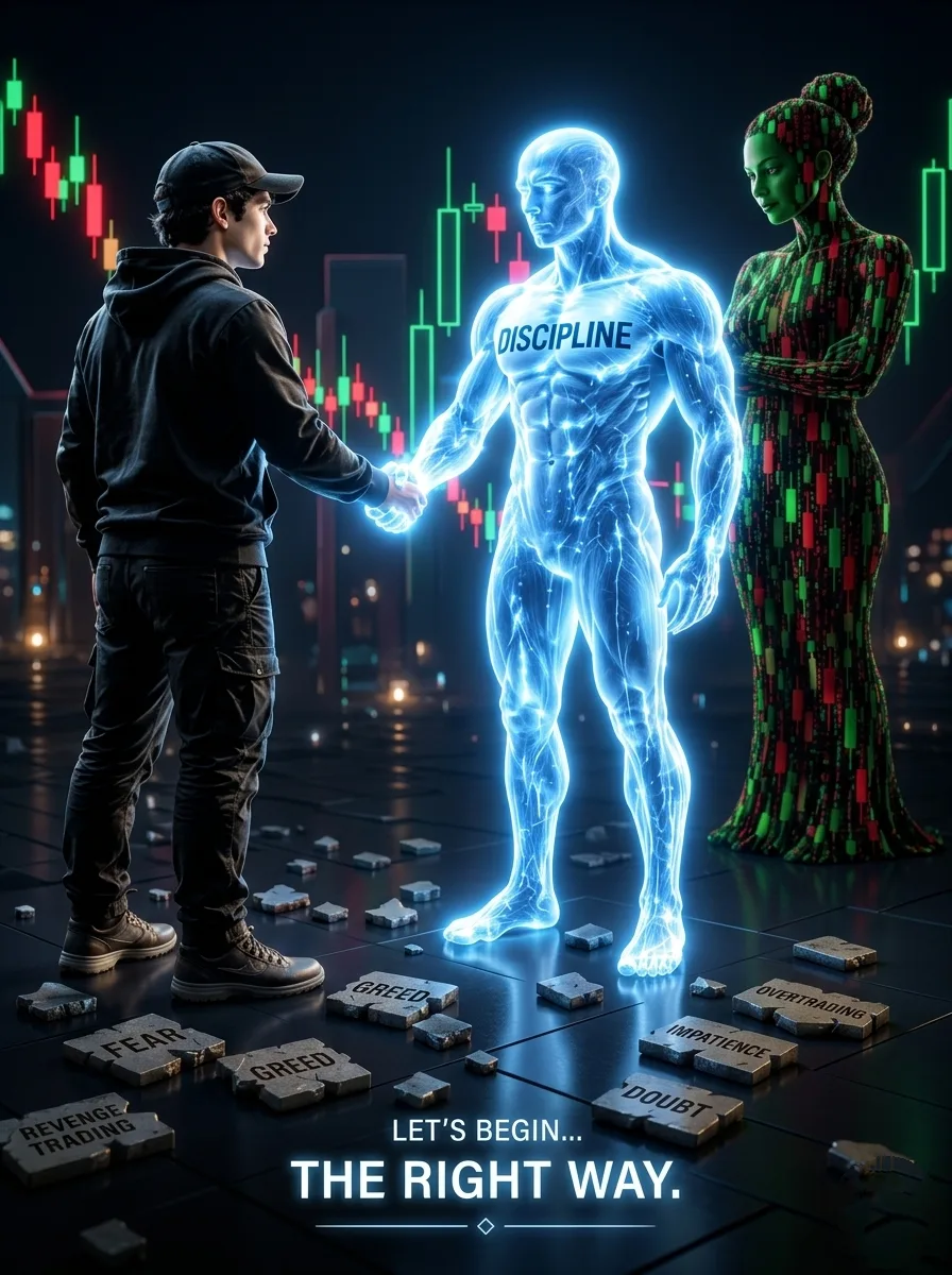 A young male trader wearing a black hoodie and a baseball cap, shaking hands with a glowing, translucent blue energy humanoid figure with