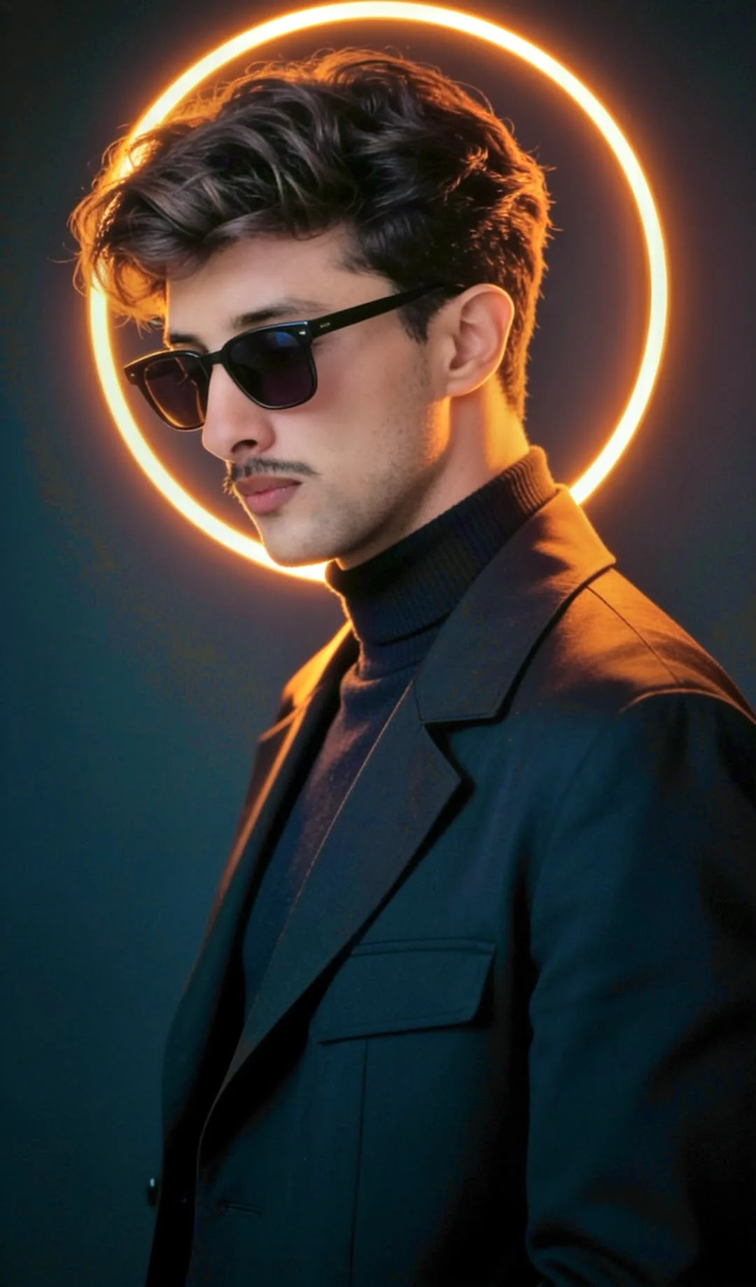 CONCEPT: High-fashion low-key studio portrait featuring a male subject in formal dark attire posing in profile, framed by a luminous