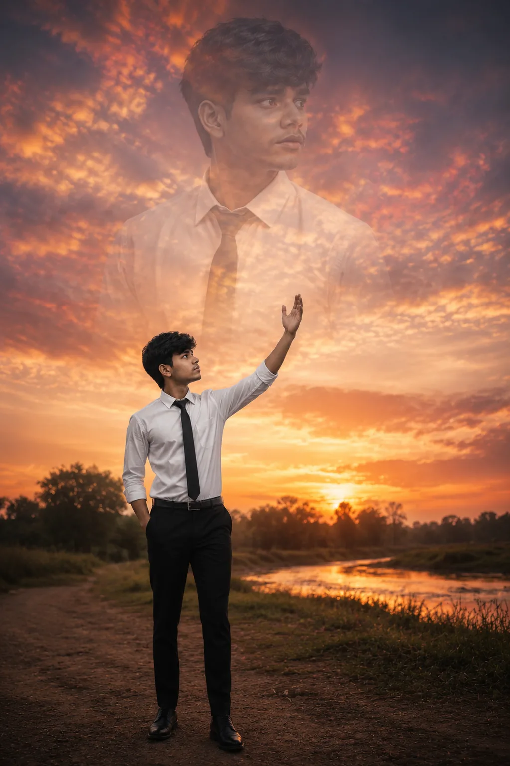 ."A high-quality surreal photo composite featuring a young man in a dual-exposure style.
