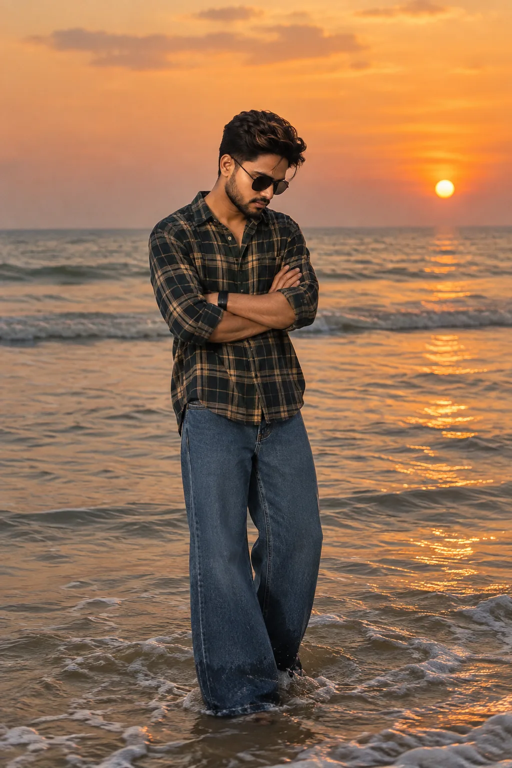 A full-body candid photo of a young man standing ankle-deep in the ocean water at a beach during sunset.