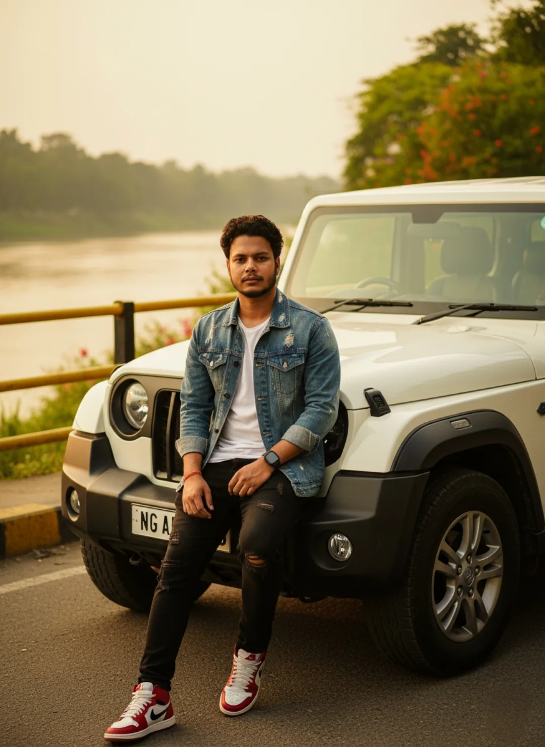 A young Indian man with short curly black hair and a light beard sits casually on the front bumper of a white boxy off-road SUV, one leg