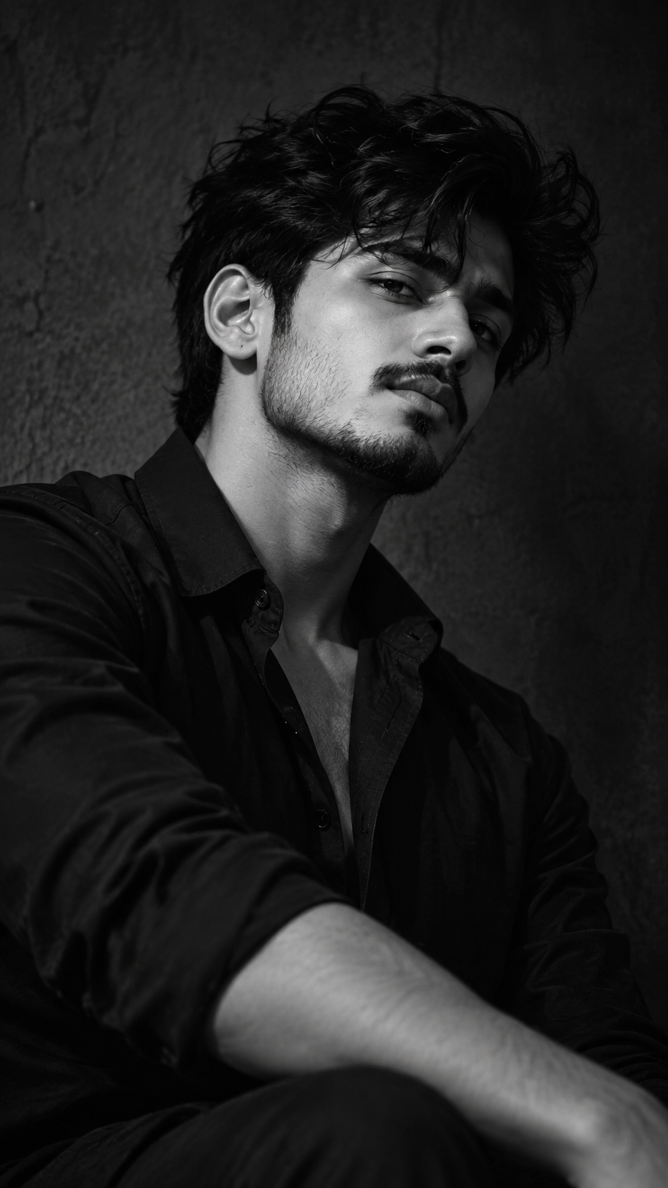 Create a hyper-realistic black and white low-key fashion portrait based on the uploaded reference image.