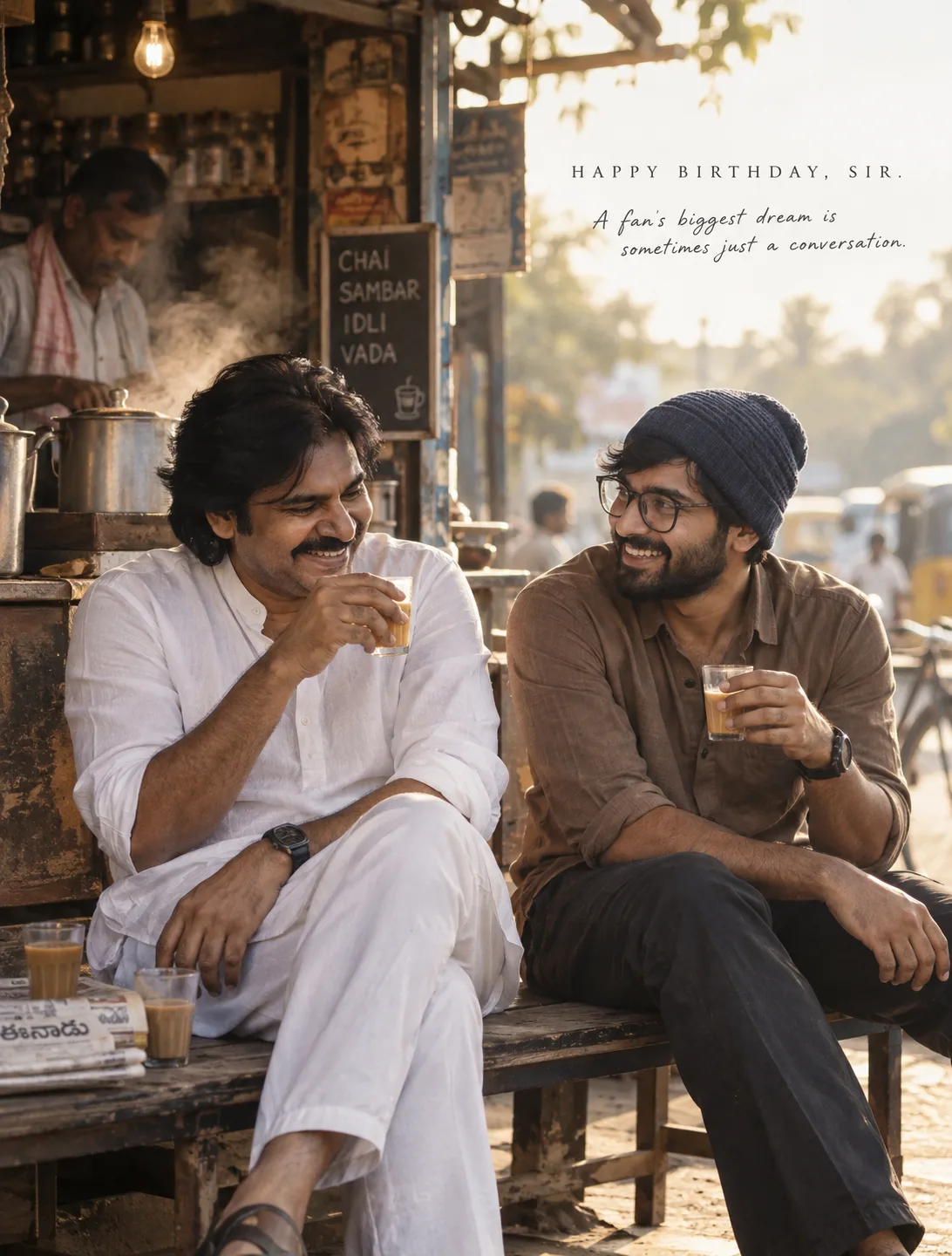 Create an extraordinarily realistic cinematic CANDID BIRTHDAY PORTRAIT featuring POWER STAR PAWAN KALYAN sharing a quiet cup of chai with